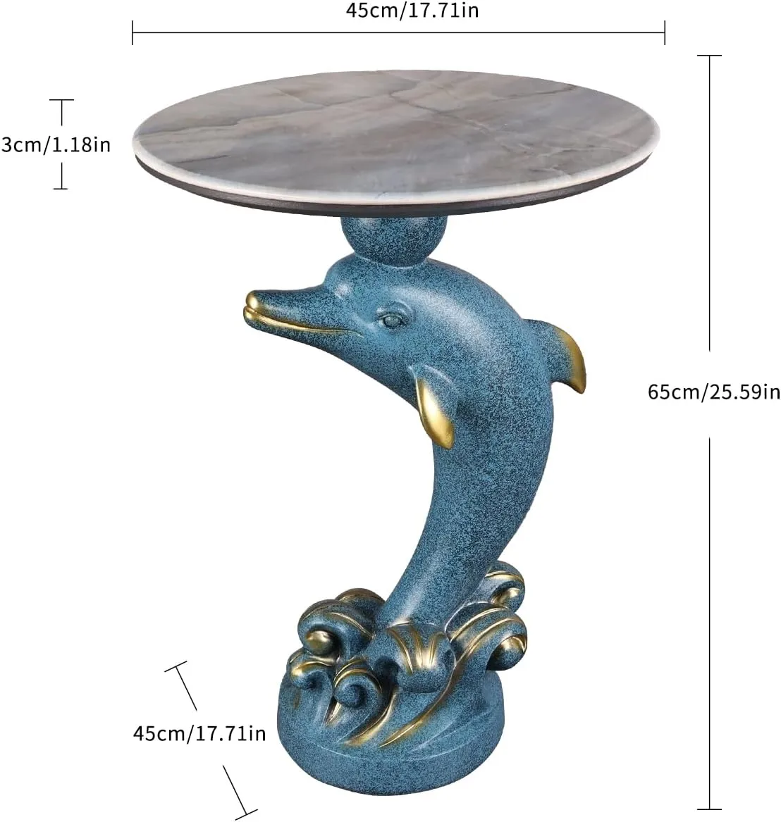 Ocean-Themed Dolphin Accent Table - Jumping Marine Animal Sculpture Side Table for Beach House, Poolside & Living Room - Water-Resistant Fiberglass Resin in Sea Blue