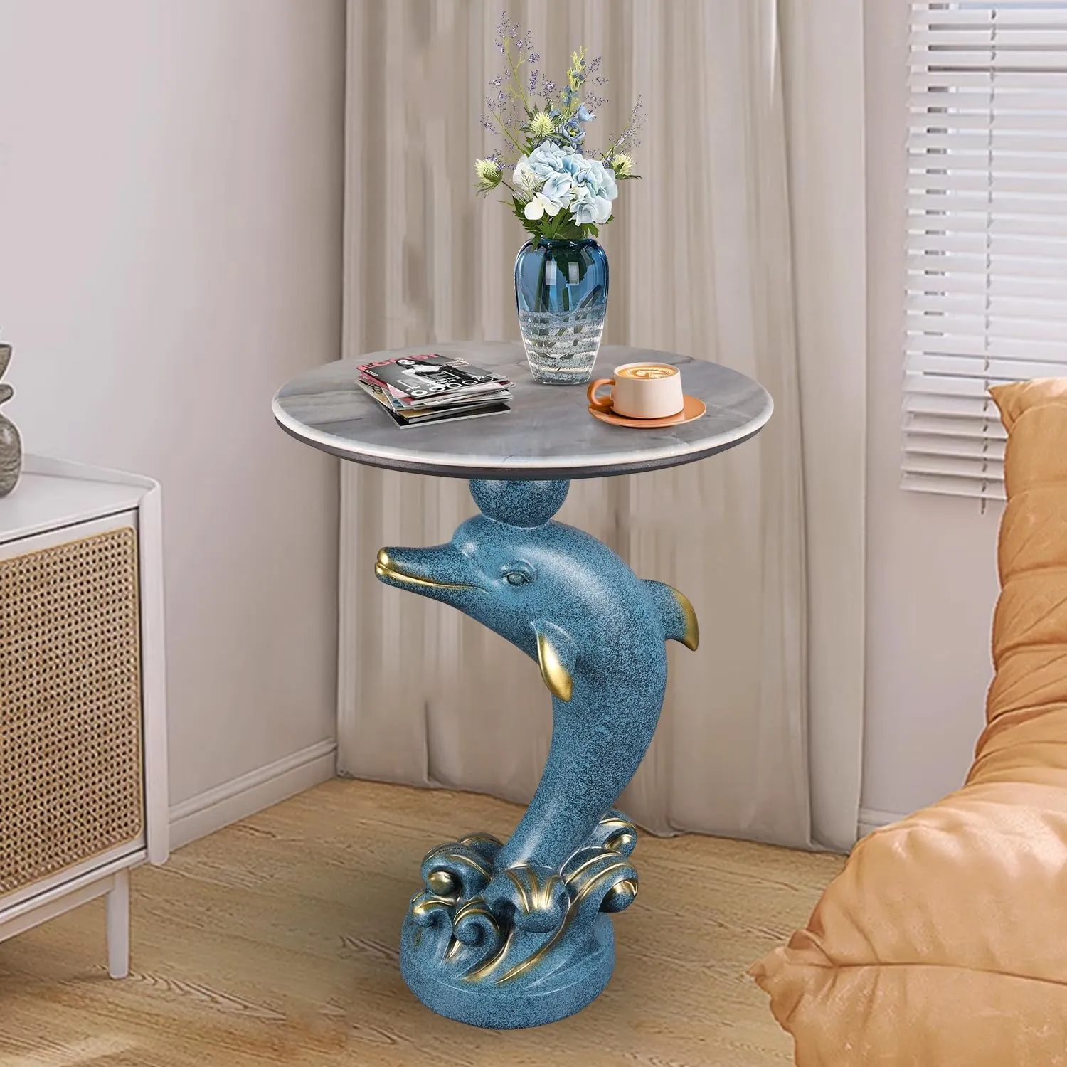 Ocean-Themed Dolphin Accent Table - Jumping Marine Animal Sculpture Side Table for Beach House, Poolside & Living Room - Water-Resistant Fiberglass Resin in Sea Blue