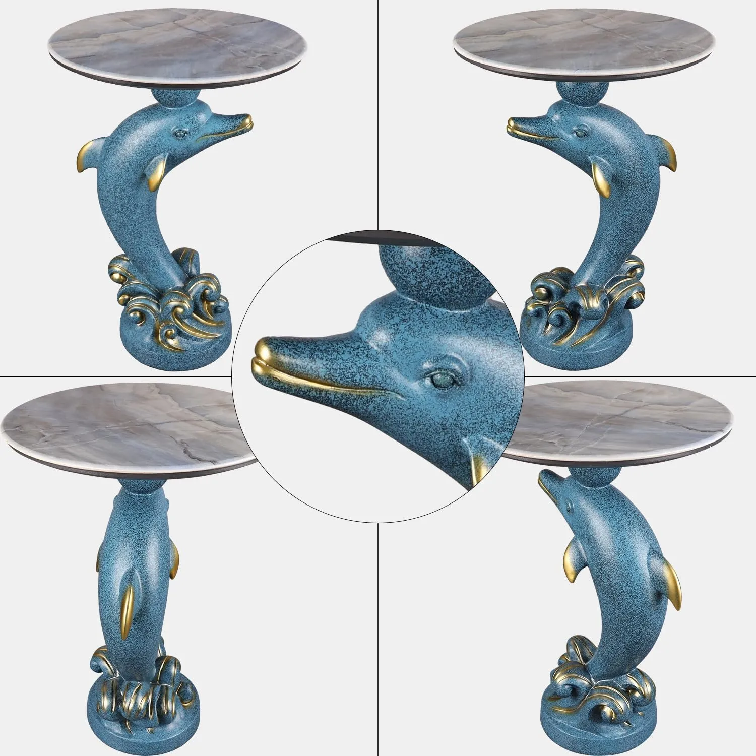 Ocean-Themed Dolphin Accent Table - Jumping Marine Animal Sculpture Side Table for Beach House, Poolside & Living Room - Water-Resistant Fiberglass Resin in Sea Blue
