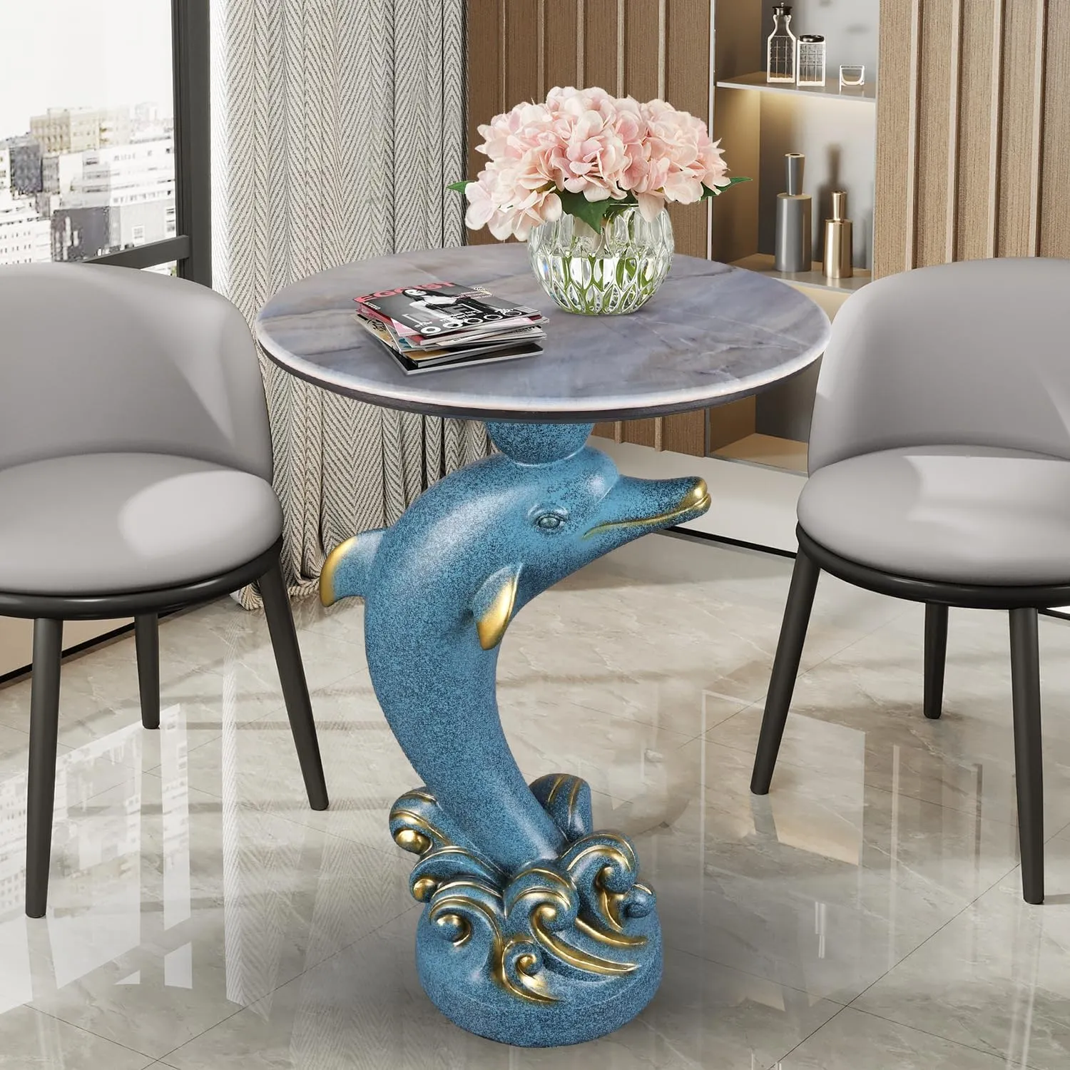 Ocean-Themed Dolphin Accent Table - Jumping Marine Animal Sculpture Side Table for Beach House, Poolside & Living Room - Water-Resistant Fiberglass Resin in Sea Blue