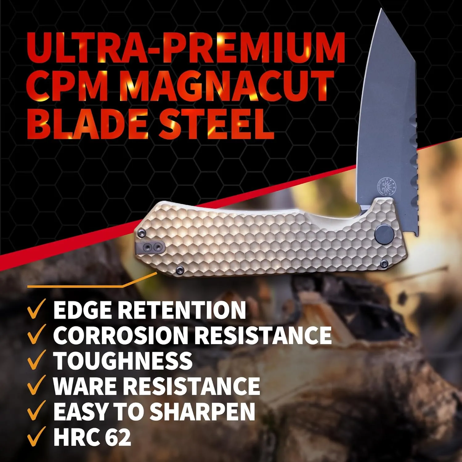 Off-Grid Knives - MAMBA V3, Large EDC Knife with MagnaCut Blade Steel, Titanium Scales and Hardware, Manual Ball Bearing Flipper, Four Finger Grip, Deep Pocket Carry (Coyote Gold)