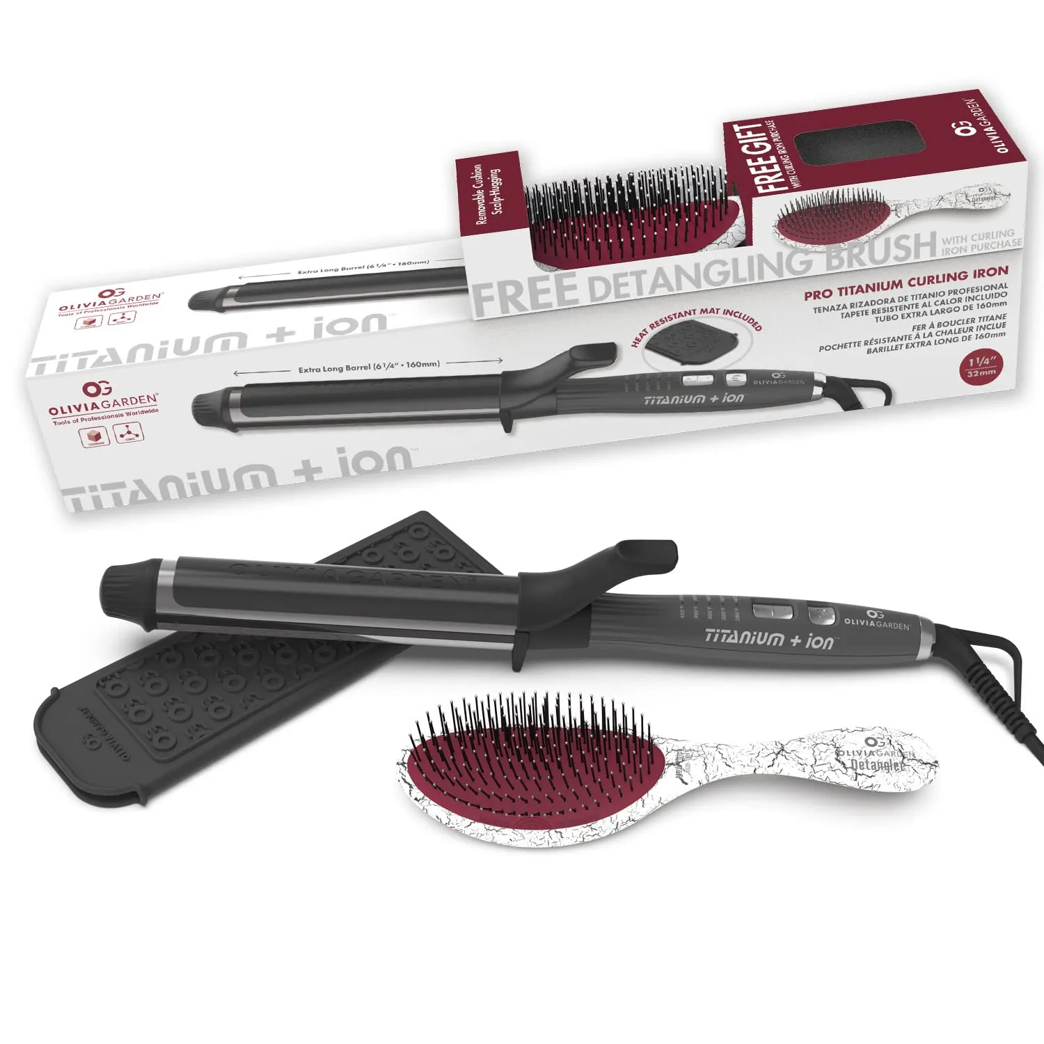 Olivia Garden Titanium   Ion Professional Curling Iron for All Hair Types - Includes Heat Resistant Heat Mat/Pouch and 1 Detangling Brush - 5 Heat Settings