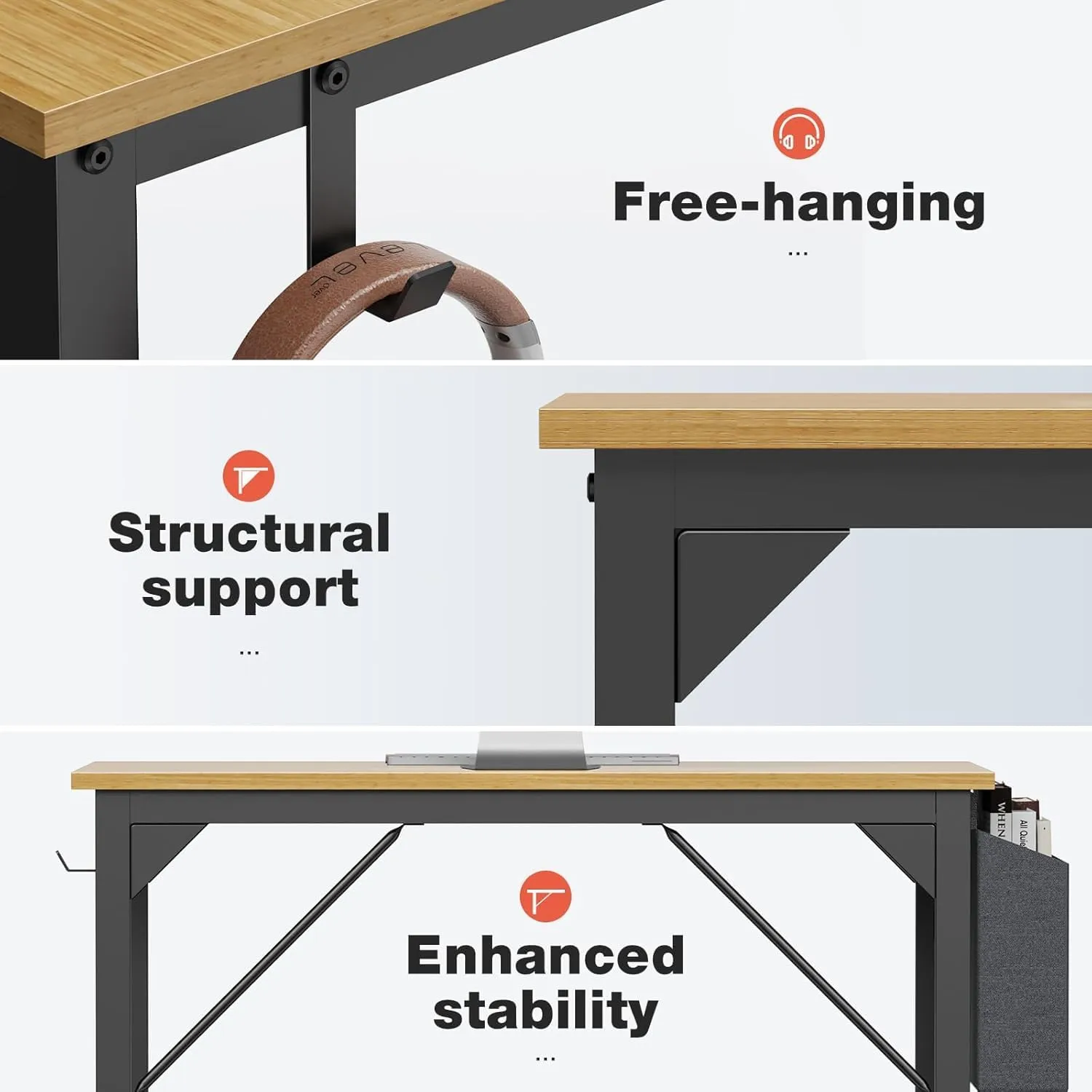 OLIXIS 32 Inch Office Desk Small Computer Work Table with Storage Bag, Headphone Hooks, Home Simple Modern Writing Study Table - Nature