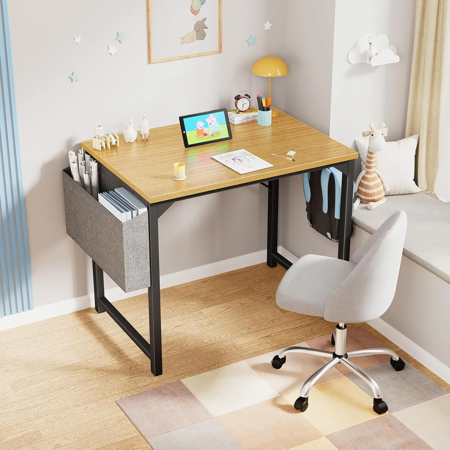OLIXIS 32 Inch Office Desk Small Computer Work Table with Storage Bag, Headphone Hooks, Home Simple Modern Writing Study Table - Nature