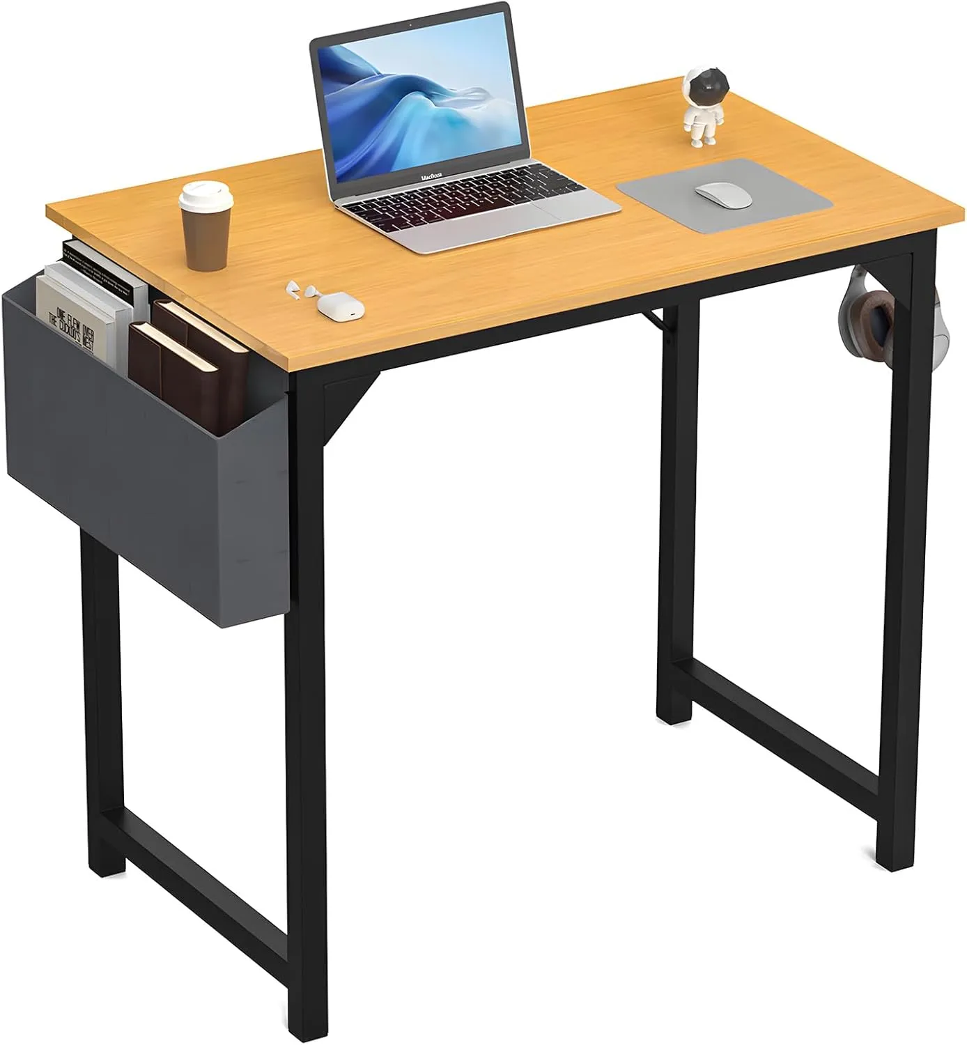 OLIXIS 32 Inch Office Desk Small Computer Work Table with Storage Bag, Headphone Hooks, Home Simple Modern Writing Study Table - Nature