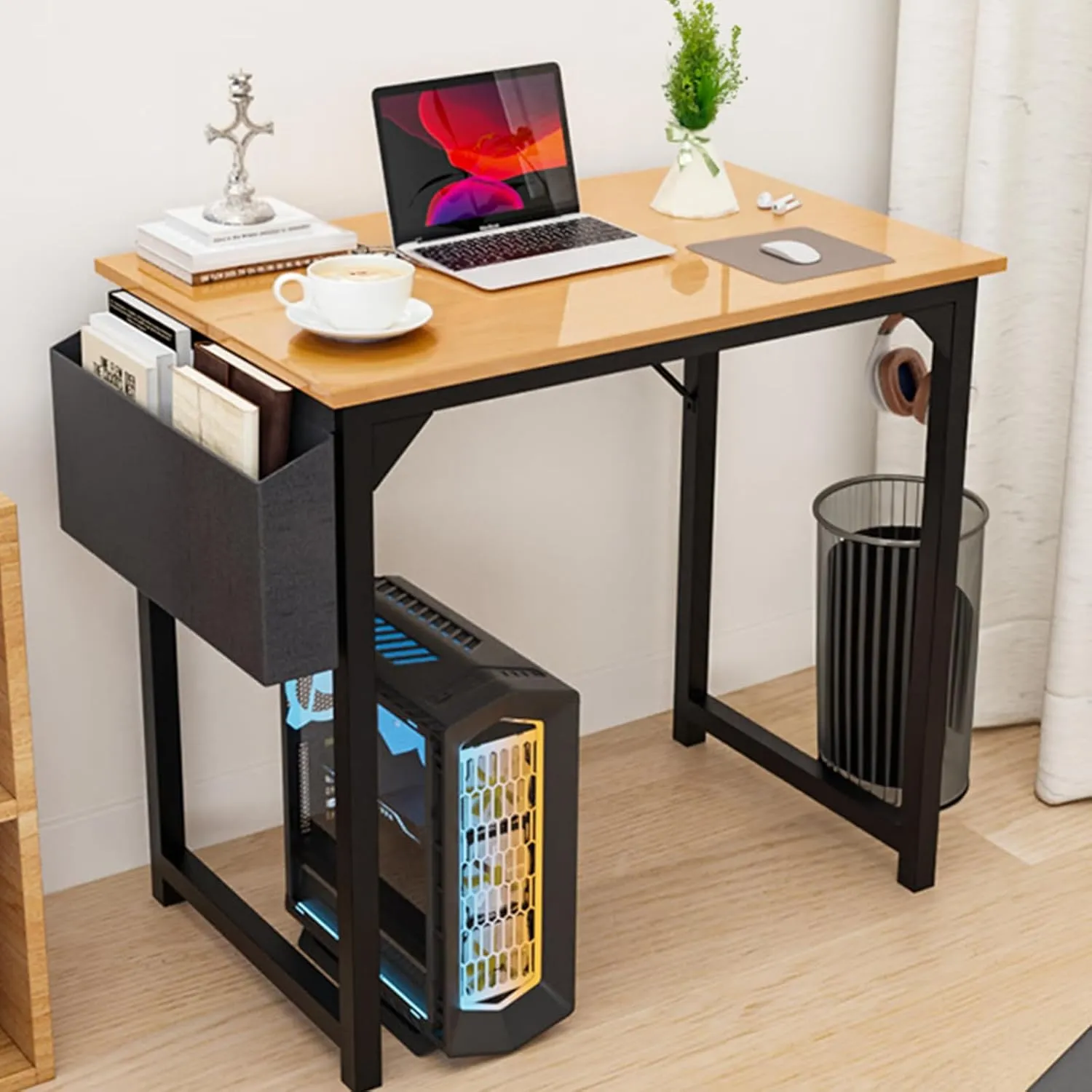 OLIXIS 32 Inch Office Desk Small Computer Work Table with Storage Bag, Headphone Hooks, Home Simple Modern Writing Study Table - Nature