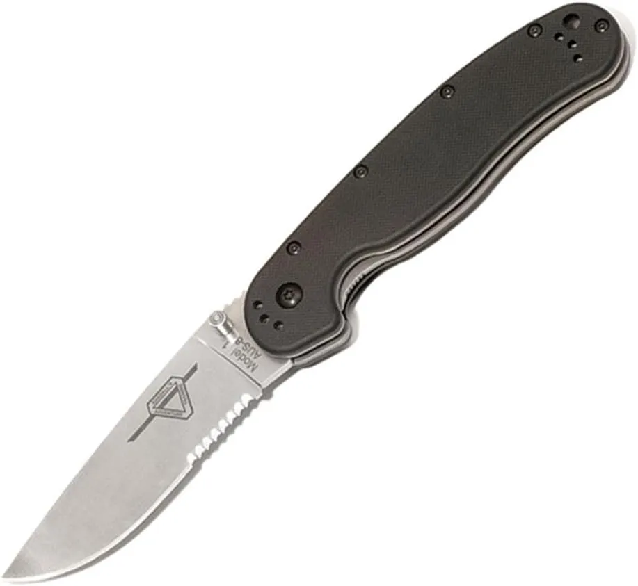 Ontario Knife Company Company 8849 Rat-1 Satin AUS-8 Stainless Steel 3.50" Serrated Edge Blade Black Nylon Handle 4-Position Reversible Clip Folding Knife for Outdoor, Tactical, Survival & EDC (Black)