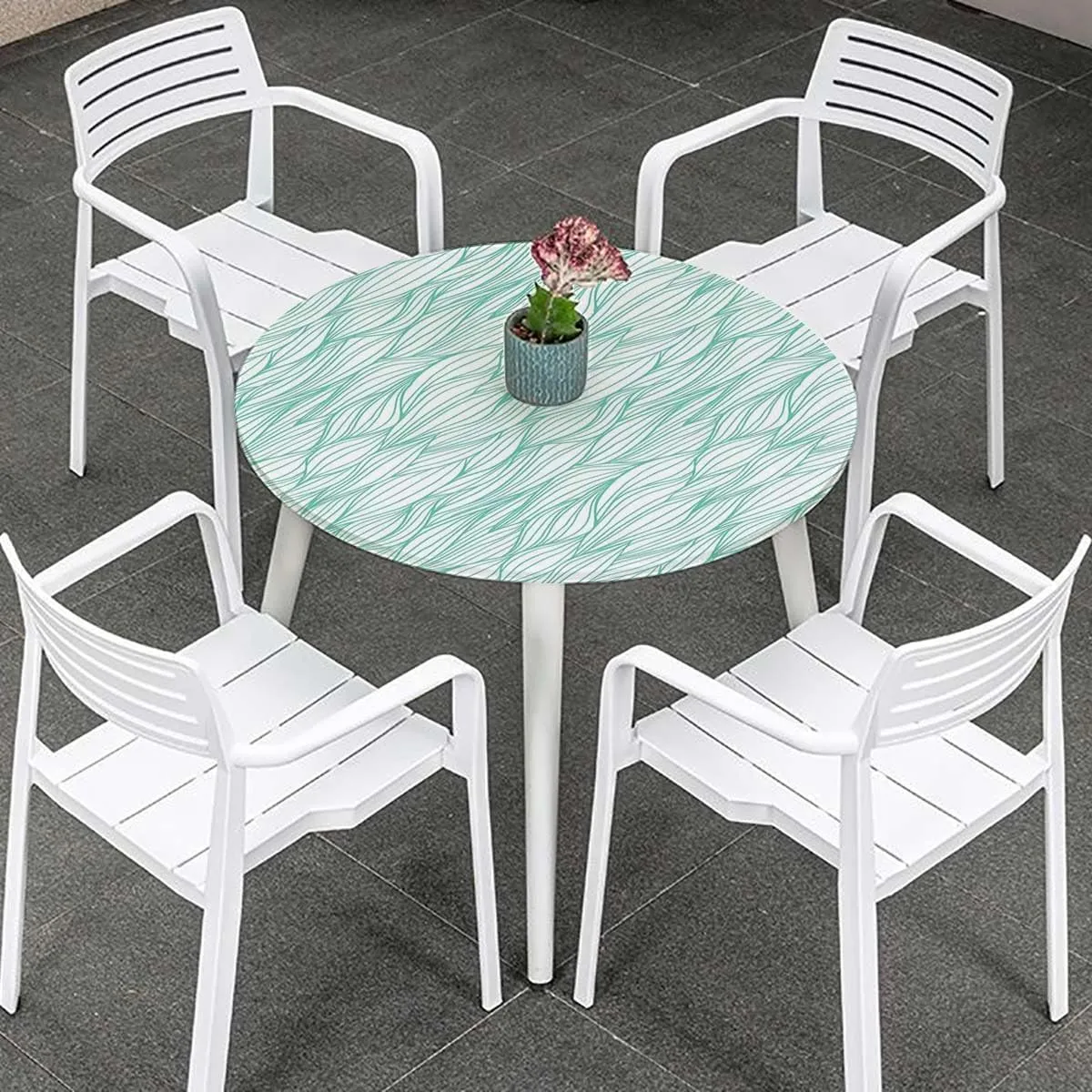 OOzie Green Teal Elastic Edged Polyester Fitted Table Cover Leaves Plants Wavy Pattern Doodle Style Soft-Touch Fitted Table Cloth, Waterproof Oil-Proof Table Cover Fits up 40"-44" Diameter Tables