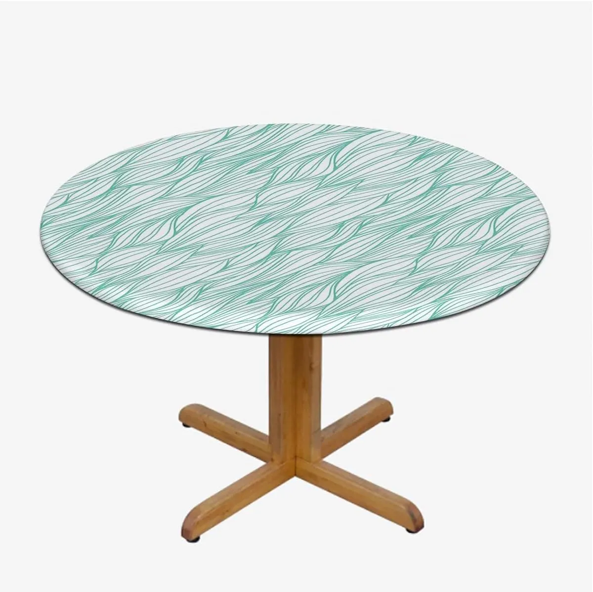 OOzie Green Teal Elastic Edged Polyester Fitted Table Cover Leaves Plants Wavy Pattern Doodle Style Soft-Touch Fitted Table Cloth, Waterproof Oil-Proof Table Cover Fits up 40"-44" Diameter Tables