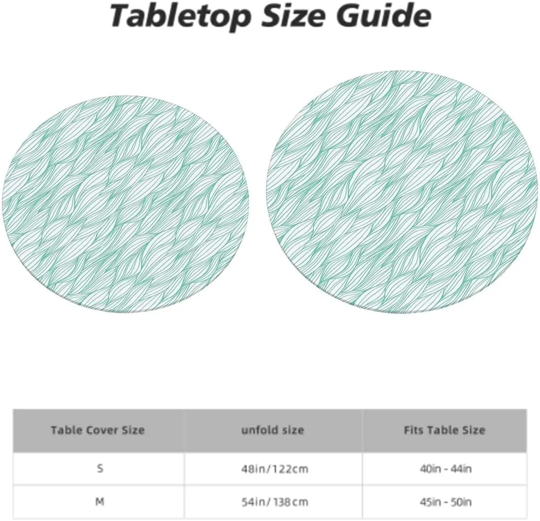 OOzie Green Teal Elastic Edged Polyester Fitted Table Cover Leaves Plants Wavy Pattern Doodle Style Soft-Touch Fitted Table Cloth, Waterproof Oil-Proof Table Cover Fits up 40"-44" Diameter Tables