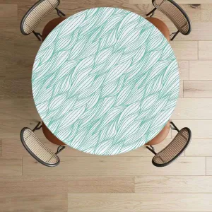 OOzie Green Teal Elastic Edged Polyester Fitted Table Cover Leaves Plants Wavy Pattern Doodle Style Soft-Touch Fitted Table Cloth, Waterproof Oil-Proof Table Cover Fits up 40"-44" Diameter Tables