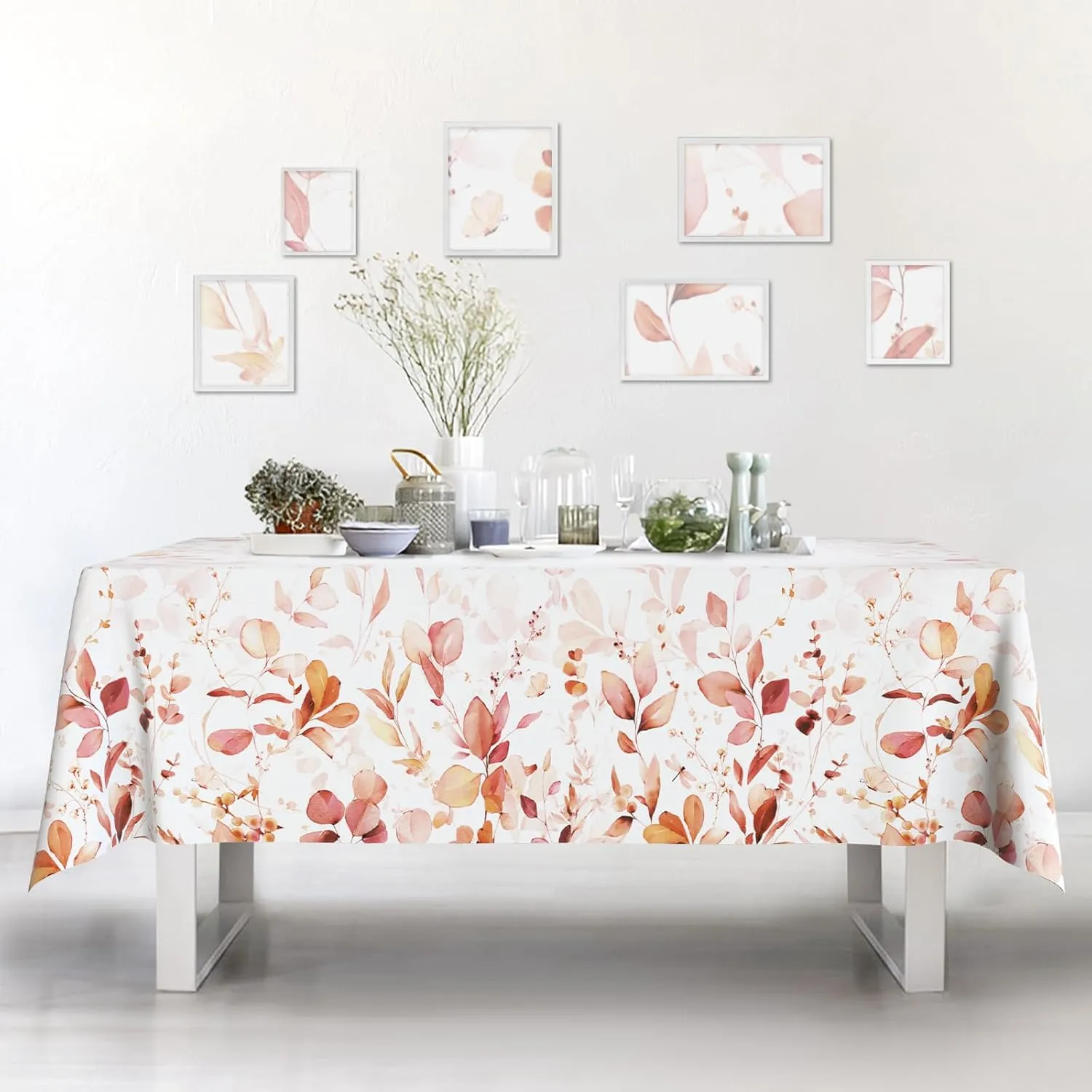 Orange Eucalyptus Leaves Fabric Waterproof Tablecloth,Rectangle Watercolor Wrinkle Oil-Proof Resistant Table Cover for Dining Table, Buffet Parties and Camping, Mint Color (60" x 120")