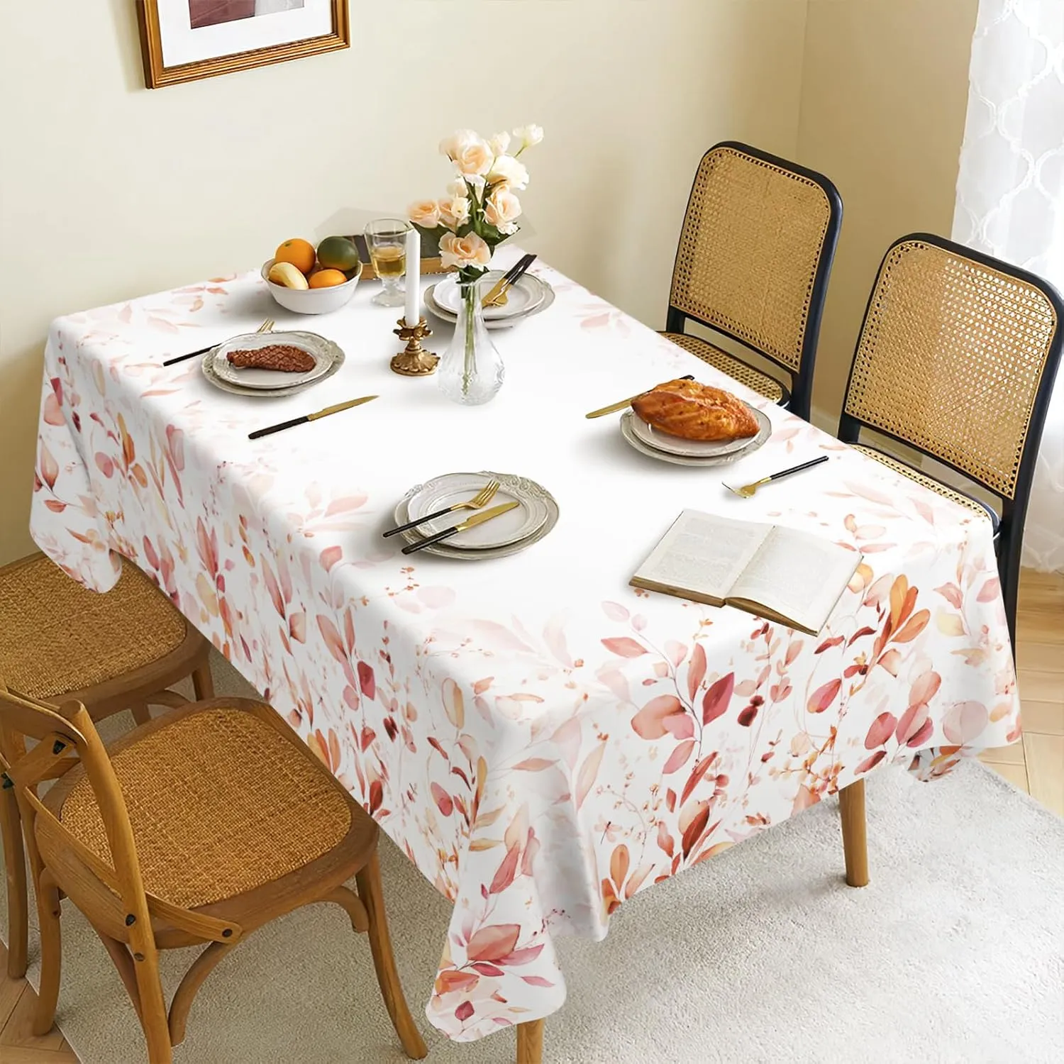 Orange Eucalyptus Leaves Fabric Waterproof Tablecloth,Rectangle Watercolor Wrinkle Oil-Proof Resistant Table Cover for Dining Table, Buffet Parties and Camping, Mint Color (60" x 120")