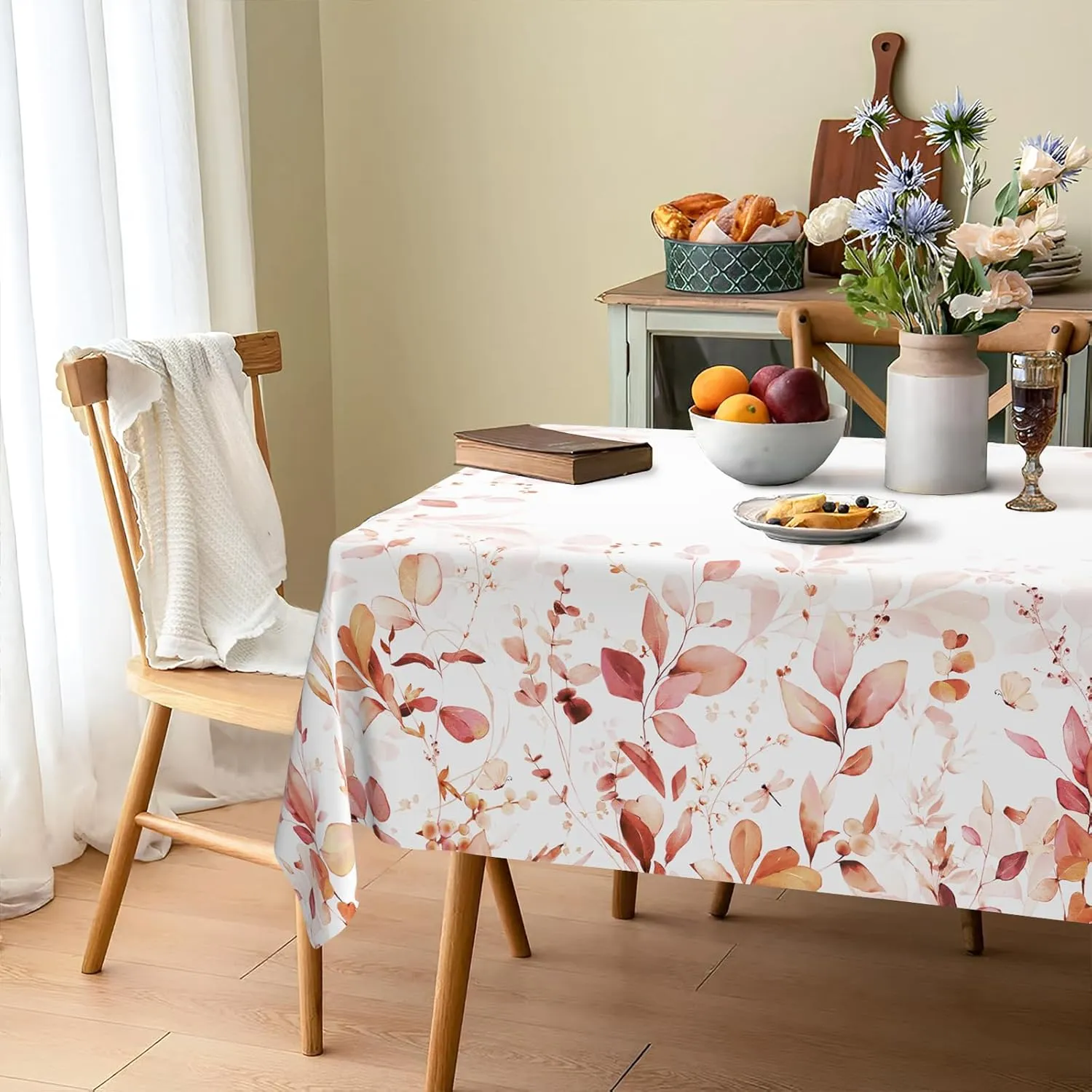 Orange Eucalyptus Leaves Fabric Waterproof Tablecloth,Rectangle Watercolor Wrinkle Oil-Proof Resistant Table Cover for Dining Table, Buffet Parties and Camping, Mint Color (60" x 120")