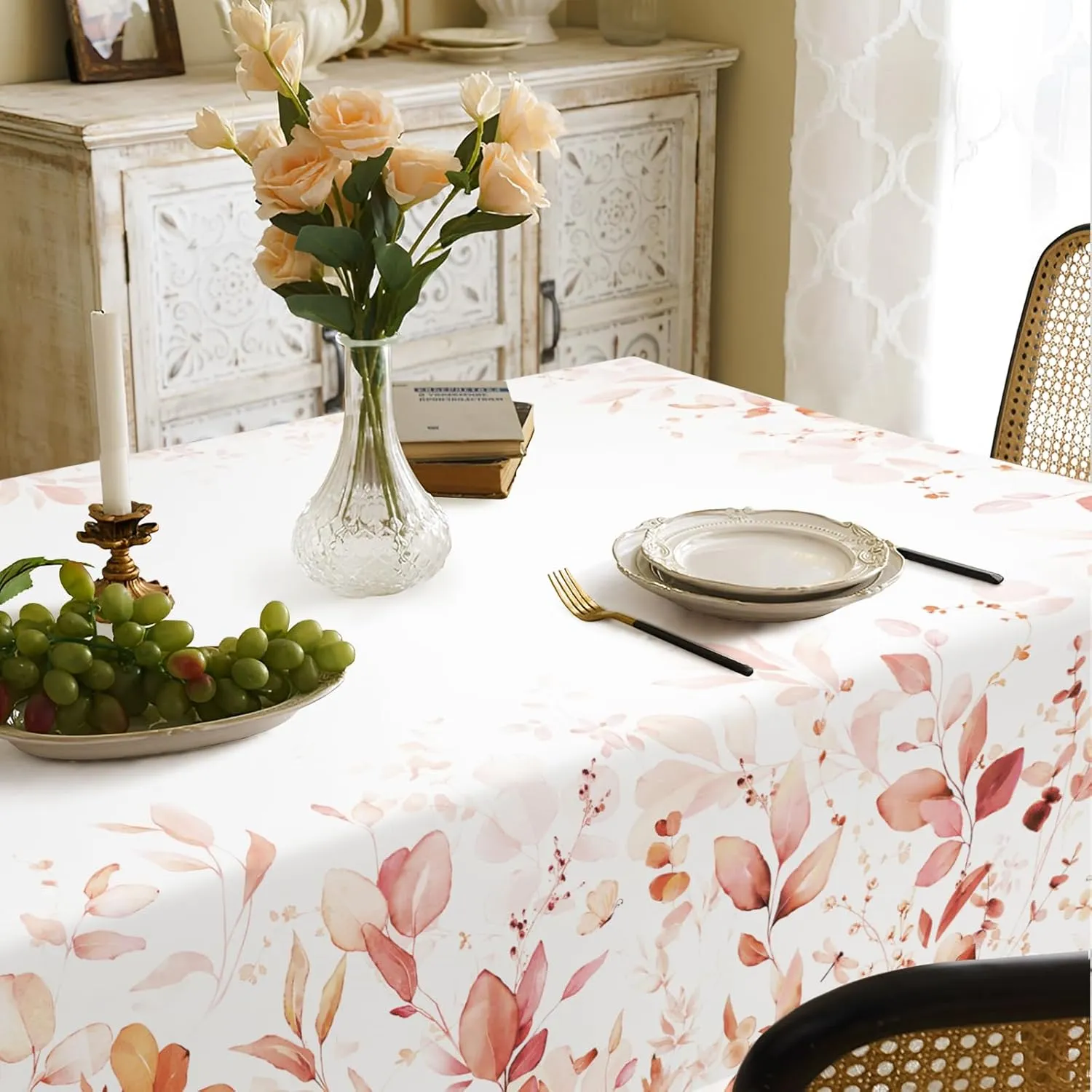 Orange Eucalyptus Leaves Fabric Waterproof Tablecloth,Rectangle Watercolor Wrinkle Oil-Proof Resistant Table Cover for Dining Table, Buffet Parties and Camping, Mint Color (60" x 120")
