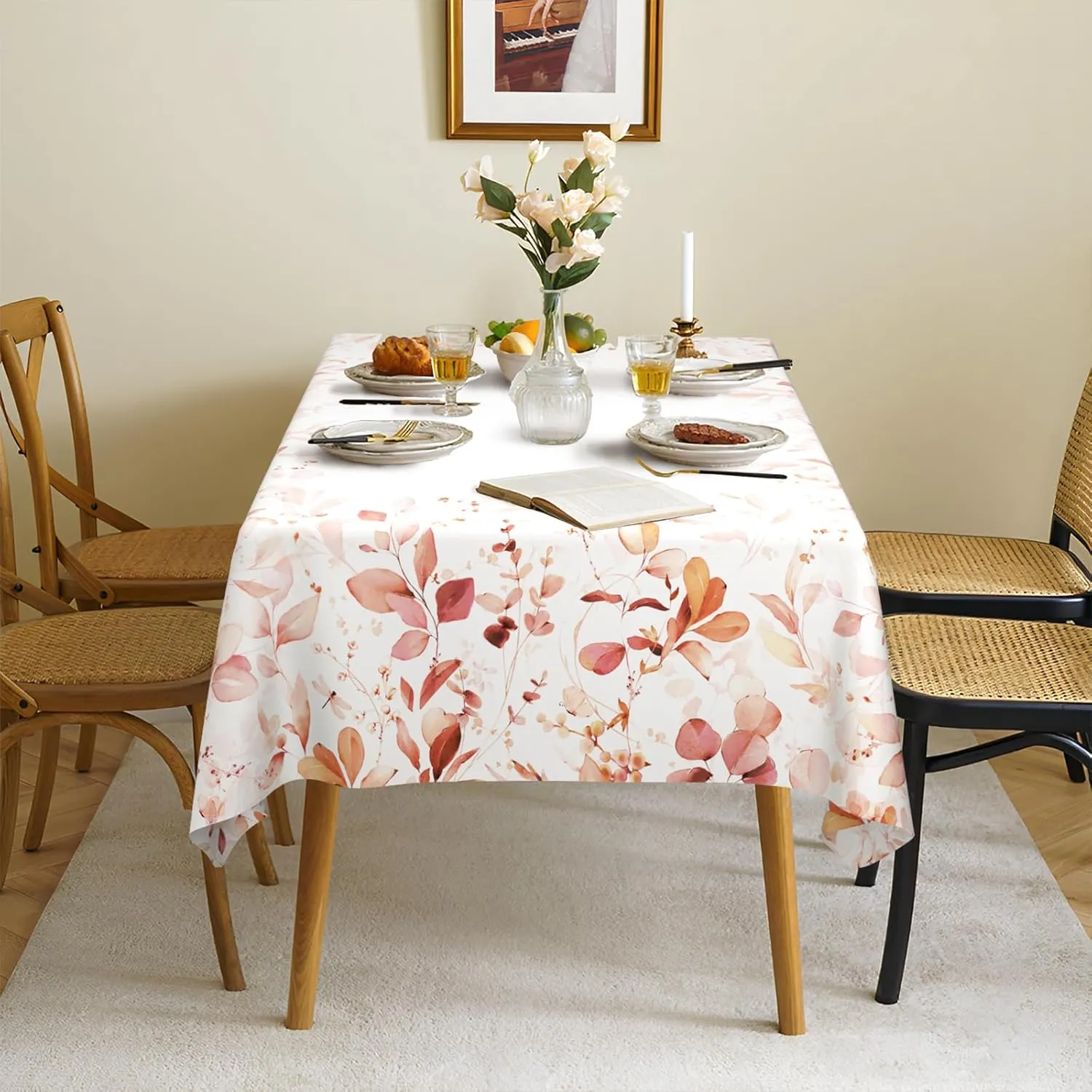 Orange Eucalyptus Leaves Fabric Waterproof Tablecloth,Rectangle Watercolor Wrinkle Oil-Proof Resistant Table Cover for Dining Table, Buffet Parties and Camping, Mint Color (60" x 120")