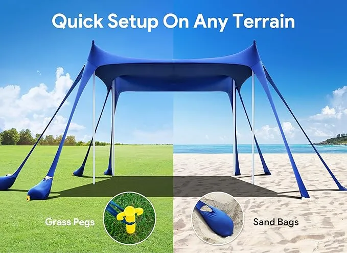 Osoeri Beach Tent, Camping Sun Shelter UPF50  with 8 Sandbags, Sand Shovels, Ground Pegs & Stability Poles, Outdoor Shade Beach Canopy for Camping Trips, Fishing, Backyard Fun or Picnics