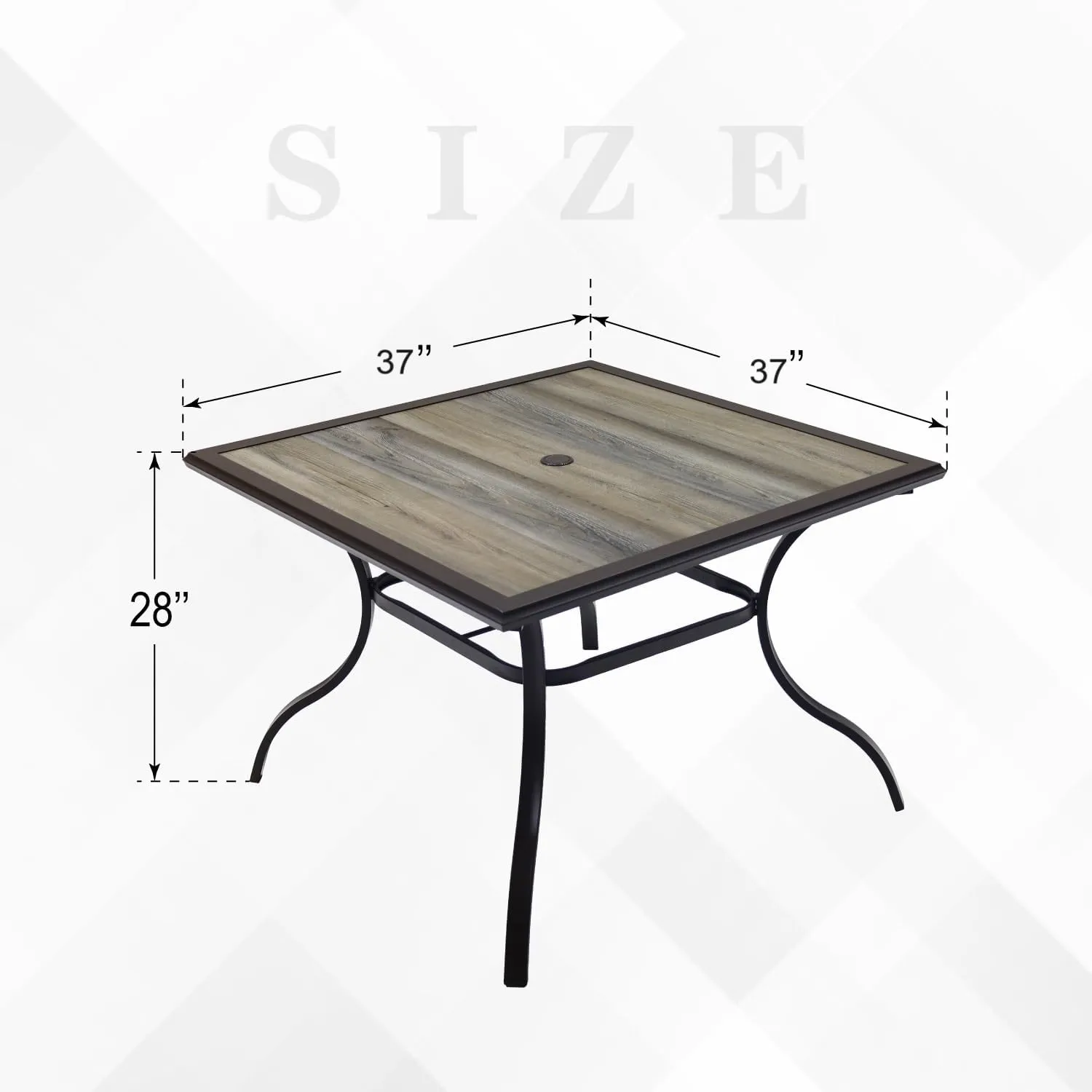 Outdoor Dining Table with Square Wooden-Like PVC Table Top and Umbrella Hole for Bistro, Garden, Poolside, Backyard -Brown Laminated Top Metal Steel Frame