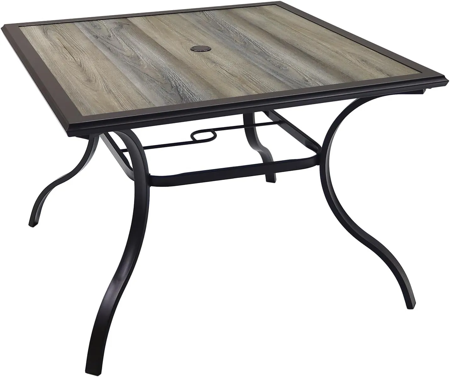 Outdoor Dining Table with Square Wooden-Like PVC Table Top and Umbrella Hole for Bistro, Garden, Poolside, Backyard -Brown Laminated Top Metal Steel Frame