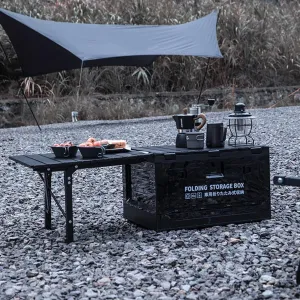 Outdoor Gear Folding Box, Camping Picnic Cookware Storage Box with Small Table, Picnic Food Snack Trunk Books Toy Clothes Organizer