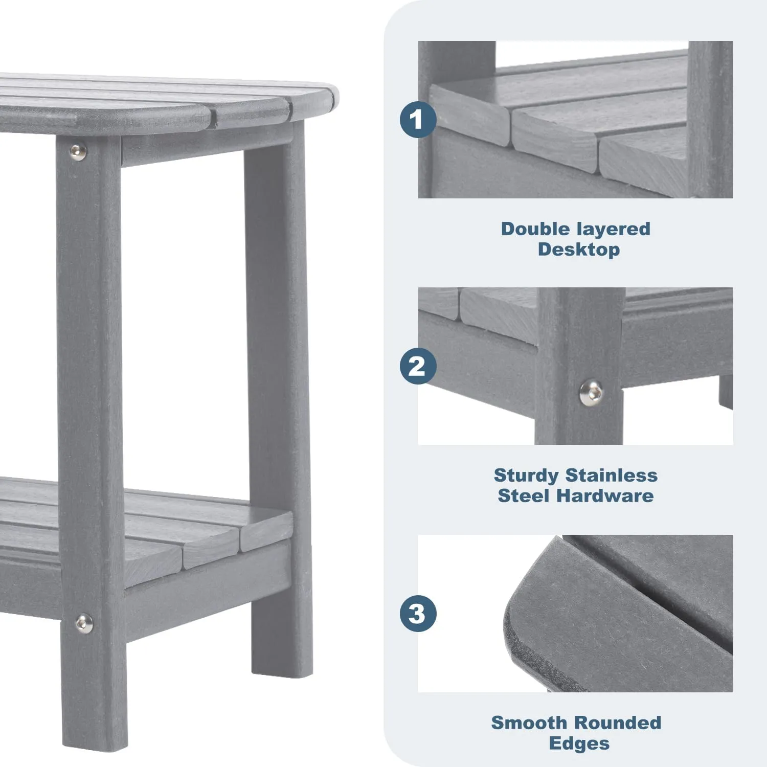 Outdoor Side Table 2 -Tier Adirondack Table HDPE Patio Side Table Weather Resistant End Table Small Outdoor Table (Grey)