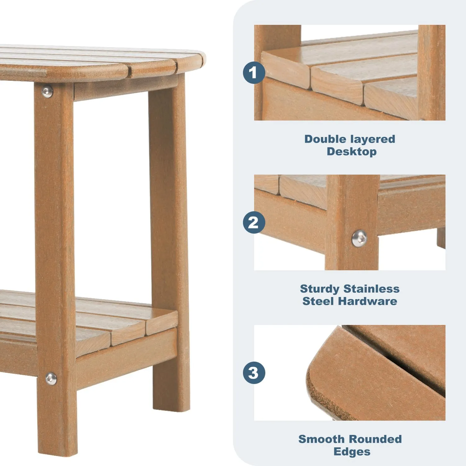 Outdoor Side Table 2 -Tier Adirondack Table HDPE Patio Side Table Weather Resistant End Table Small Outdoor Table (Teak)