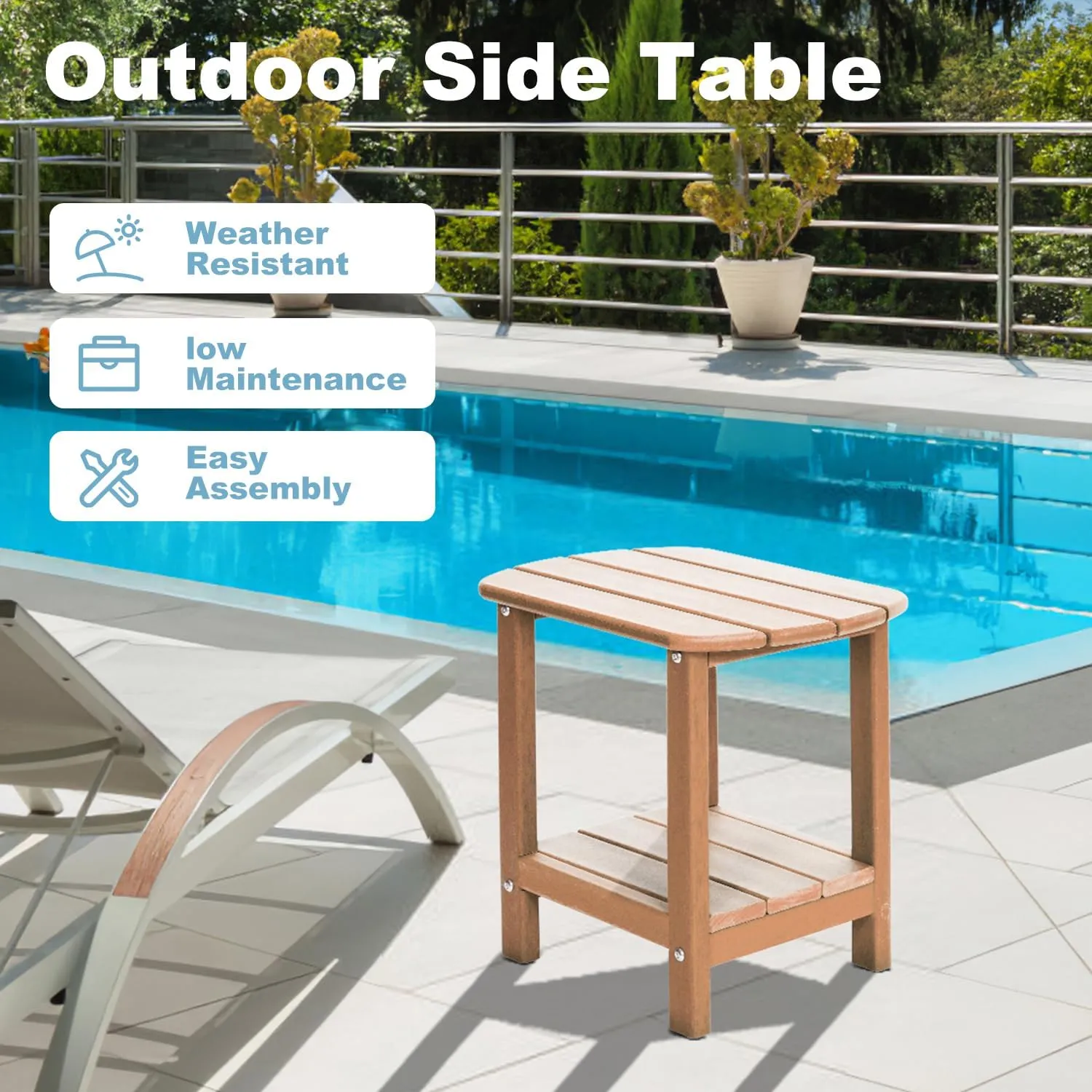 Outdoor Side Table 2 -Tier Adirondack Table HDPE Patio Side Table Weather Resistant End Table Small Outdoor Table (Teak)