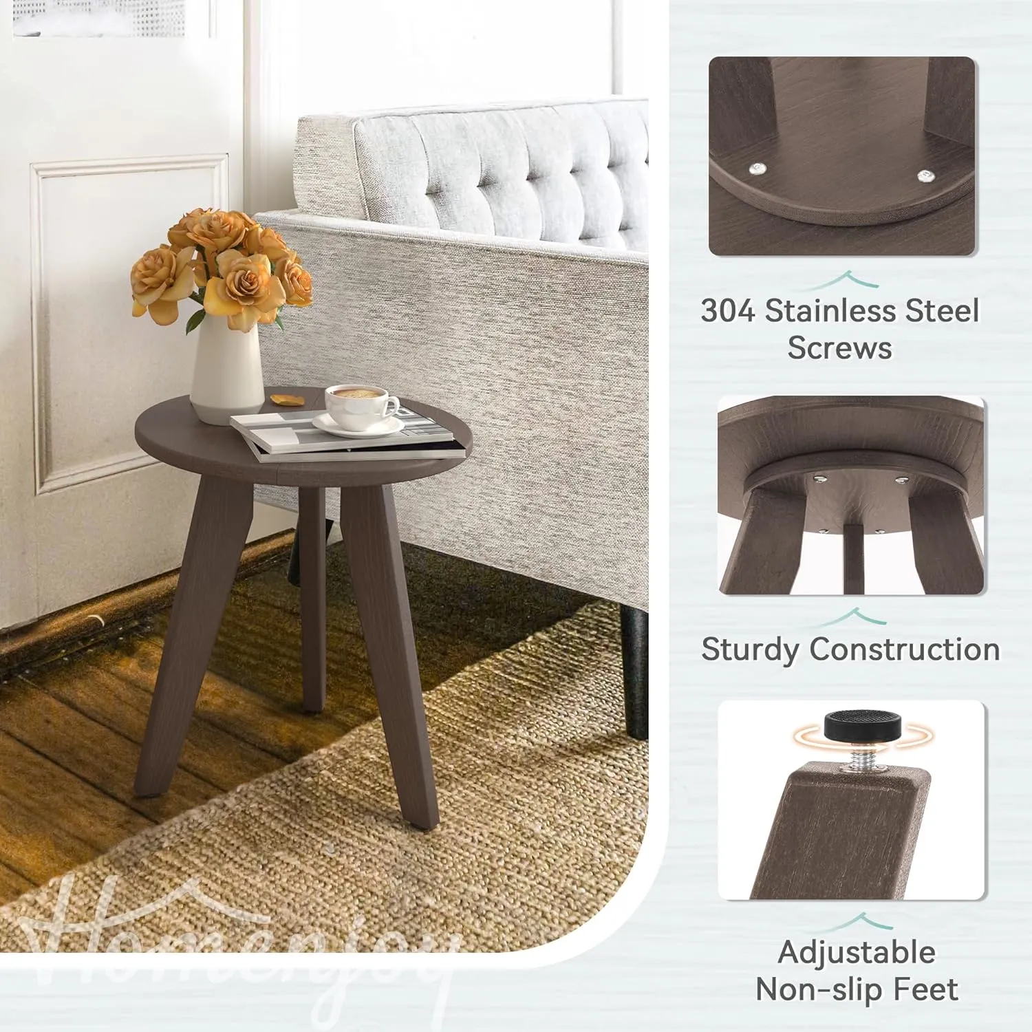 Outdoor Side Table, HDPE Outdoor Table, Small Round Side Table Weather-Resistant, Outdoor Side Tables for Patio, Porch,Deck,End Table for Plant Stand, Dark Brown