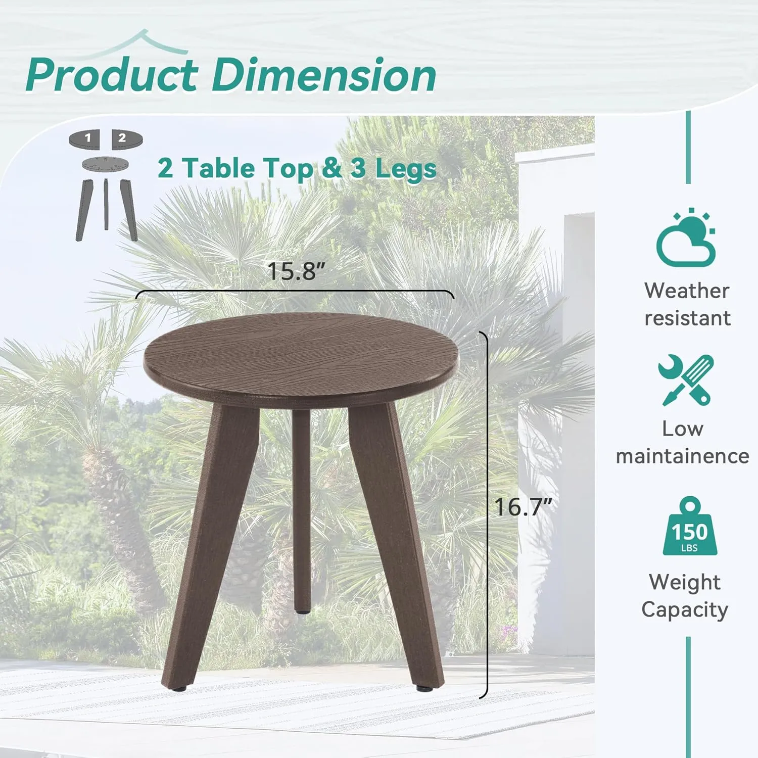 Outdoor Side Table, HDPE Outdoor Table, Small Round Side Table Weather-Resistant, Outdoor Side Tables for Patio, Porch,Deck,End Table for Plant Stand, Dark Brown
