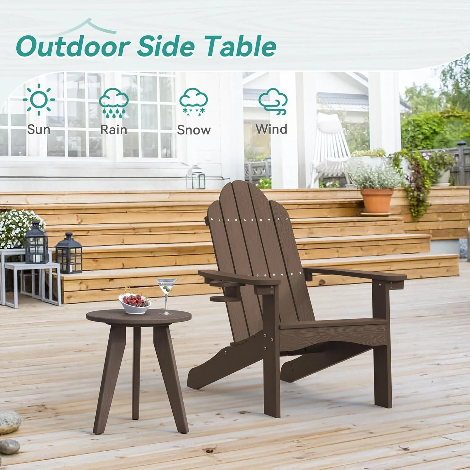 Outdoor Side Table, HDPE Outdoor Table, Small Round Side Table Weather-Resistant, Outdoor Side Tables for Patio, Porch,Deck,End Table for Plant Stand, Dark Brown