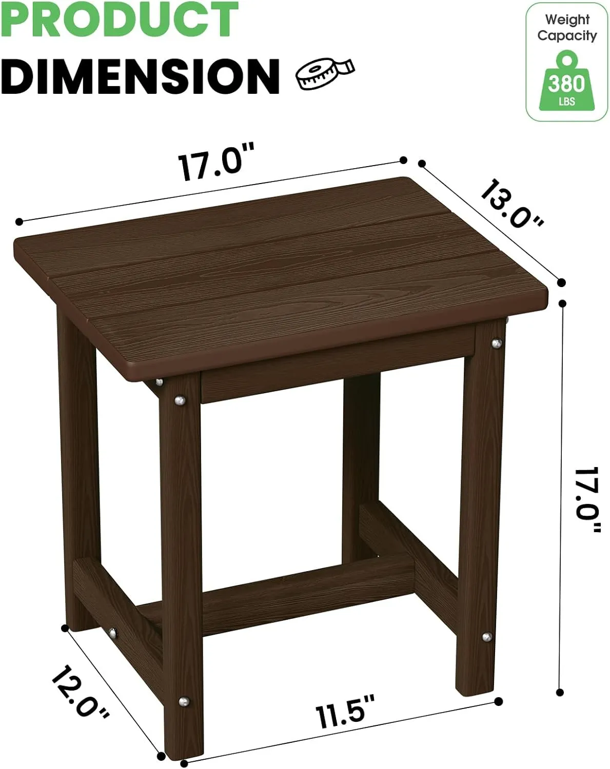 Outdoor Side Table, HDPE Small Outdoor Table, Adirondack Side Tables, Outside End Tables for Patio, Porch, Deck, Pool, Weather Resistant (Brown)