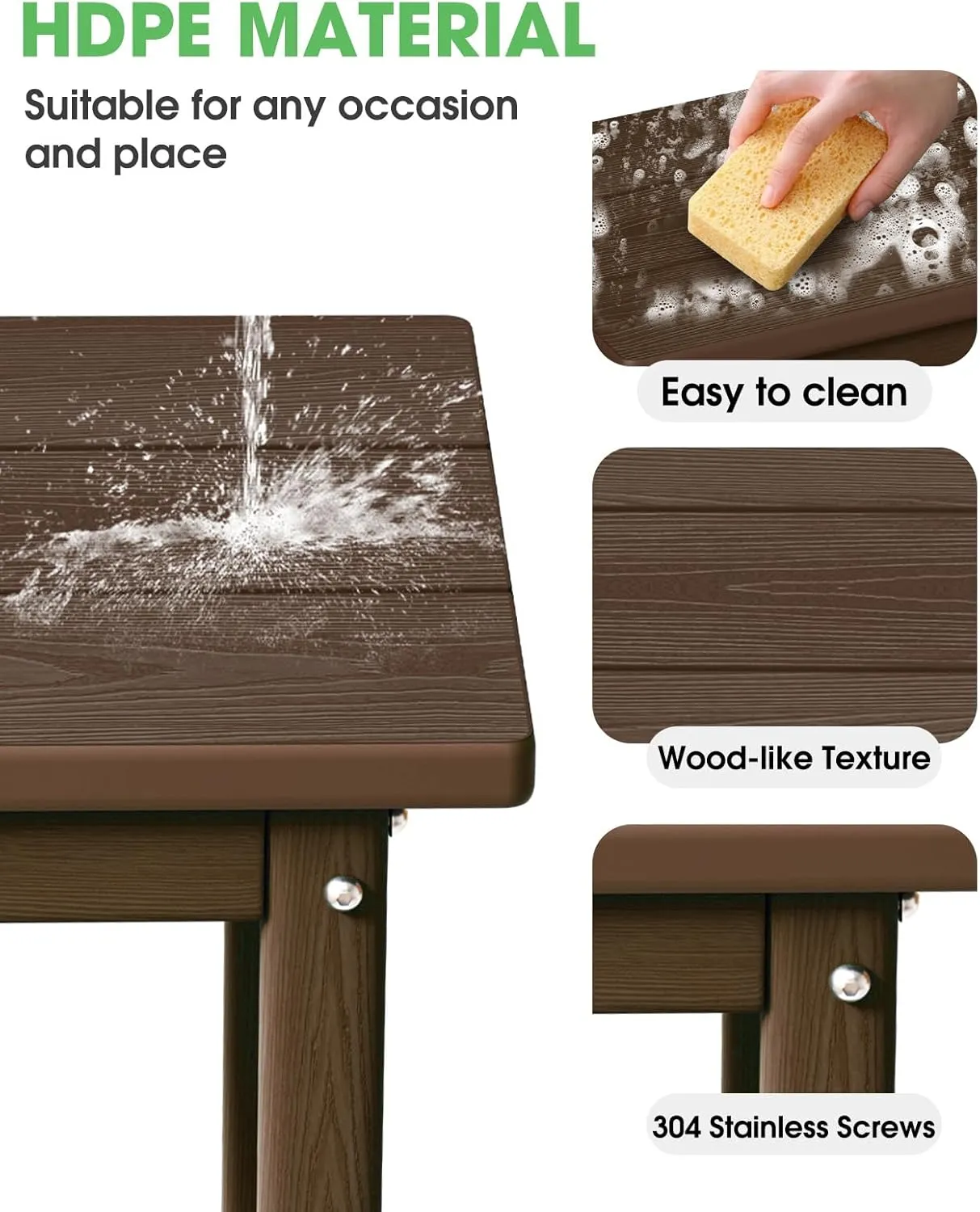 Outdoor Side Table, HDPE Small Outdoor Table, Adirondack Side Tables, Outside End Tables for Patio, Porch, Deck, Pool, Weather Resistant (Brown)