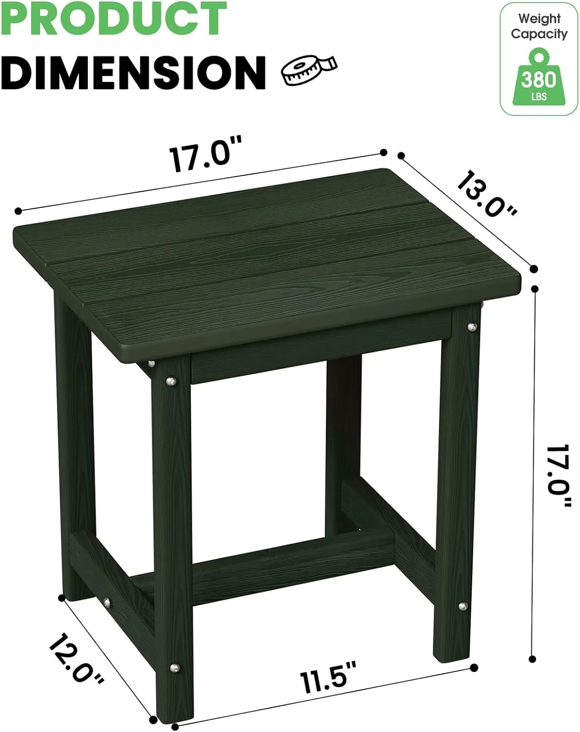 Outdoor Side Table, HDPE Small Outdoor Table, Adirondack Side Tables, Outside End Tables for Patio, Porch, Deck, Pool, Weather Resistant (Green)