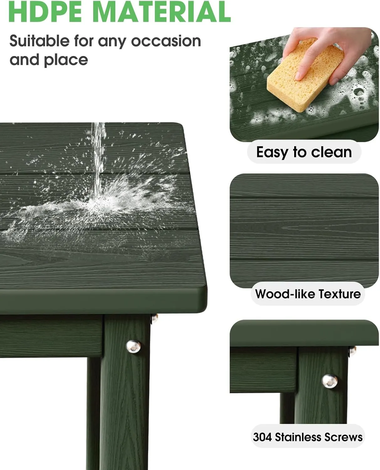 Outdoor Side Table, HDPE Small Outdoor Table, Adirondack Side Tables, Outside End Tables for Patio, Porch, Deck, Pool, Weather Resistant (Green)