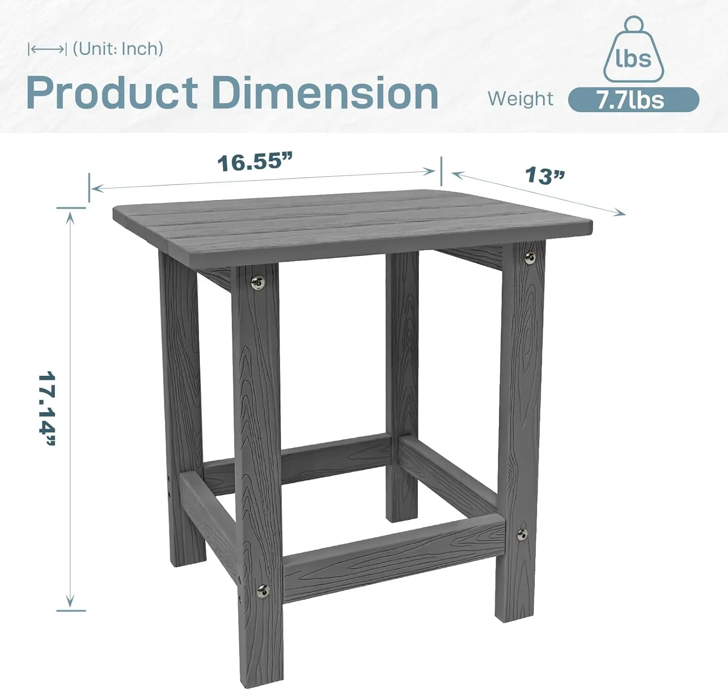 Outdoor Side Table, HDPS Single Adirondack Side Table Weather Resistant, Table for Adirondack Chair, Outside End Table for Patio, Pool, Deck, Porch, Outdoor or Indoor Use, Grey