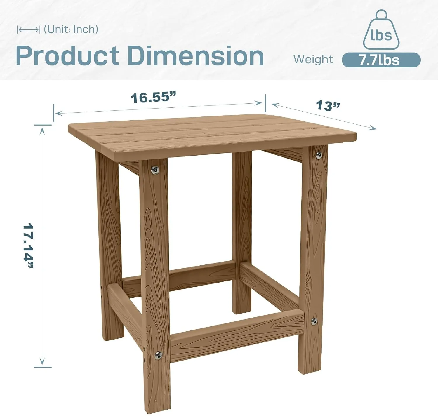 Outdoor Side Table, HDPS Single Adirondack Side Table Weather Resistant, Table for Adirondack Chair, Outside End Table for Patio, Pool, Deck, Porch, Outdoor or Indoor Use,Teak