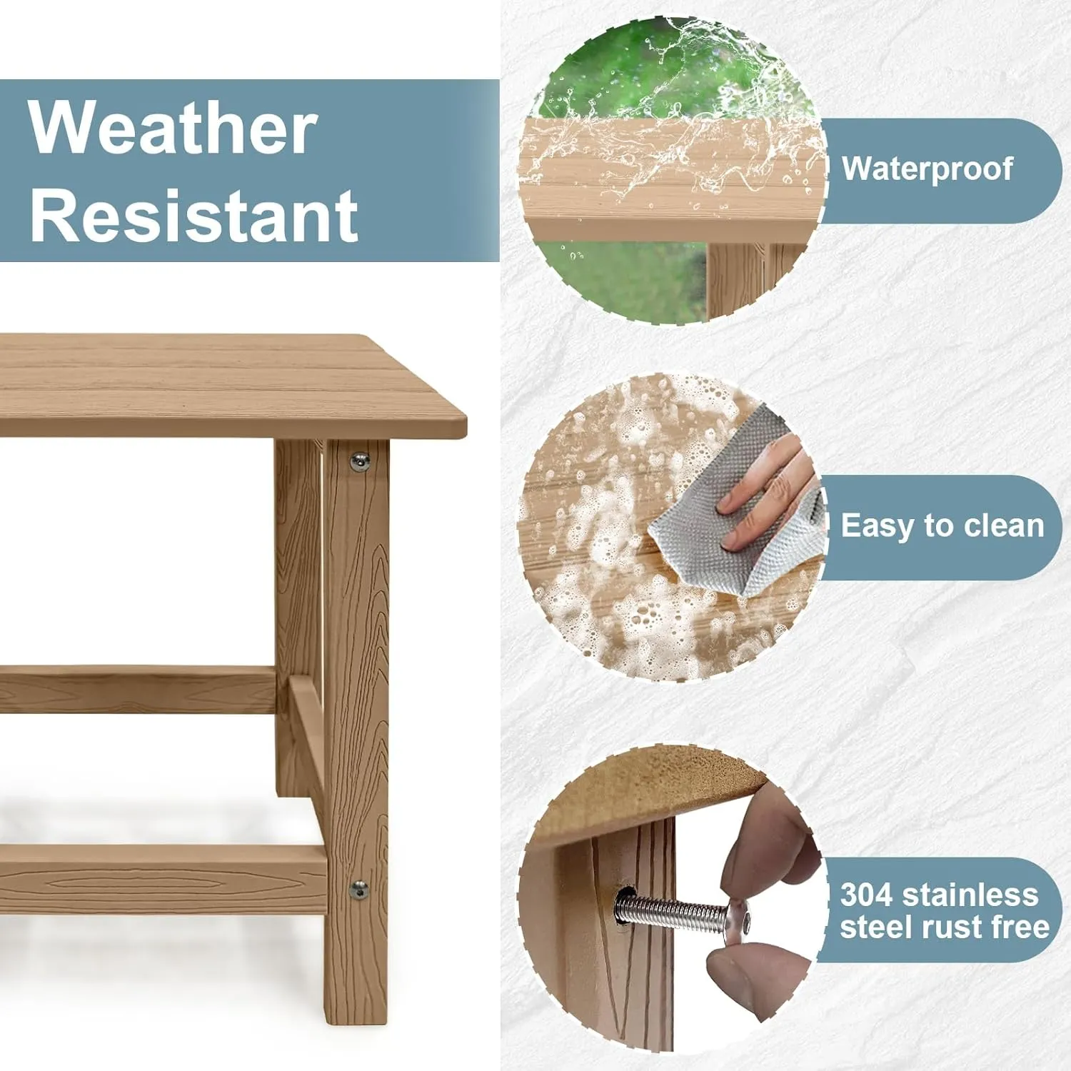Outdoor Side Table, HDPS Single Adirondack Side Table Weather Resistant, Table for Adirondack Chair, Outside End Table for Patio, Pool, Deck, Porch, Outdoor or Indoor Use,Teak