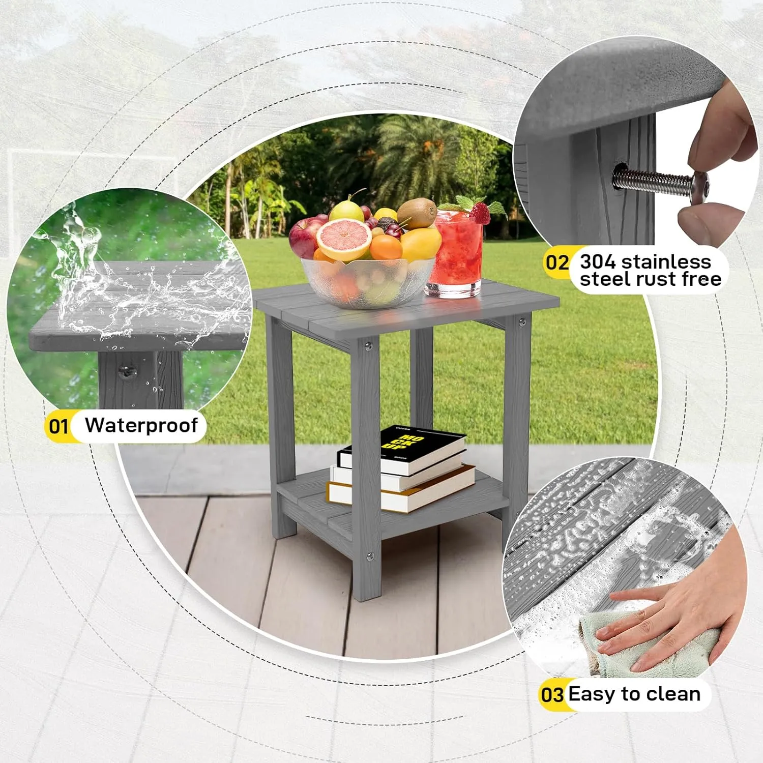Outdoor Side Table, Weather Resistant Double Small Adirondack Side Table, Outdoor Indoor End Table for Adirondack Chair, 17" Patio Table for Pool, Deck and Porch, Dark Grey