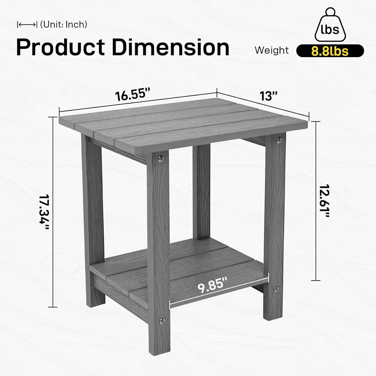 Outdoor Side Table, Weather Resistant Double Small Adirondack Side Table, Outdoor Indoor End Table for Adirondack Chair, 17" Patio Table for Pool, Deck and Porch, Dark Grey
