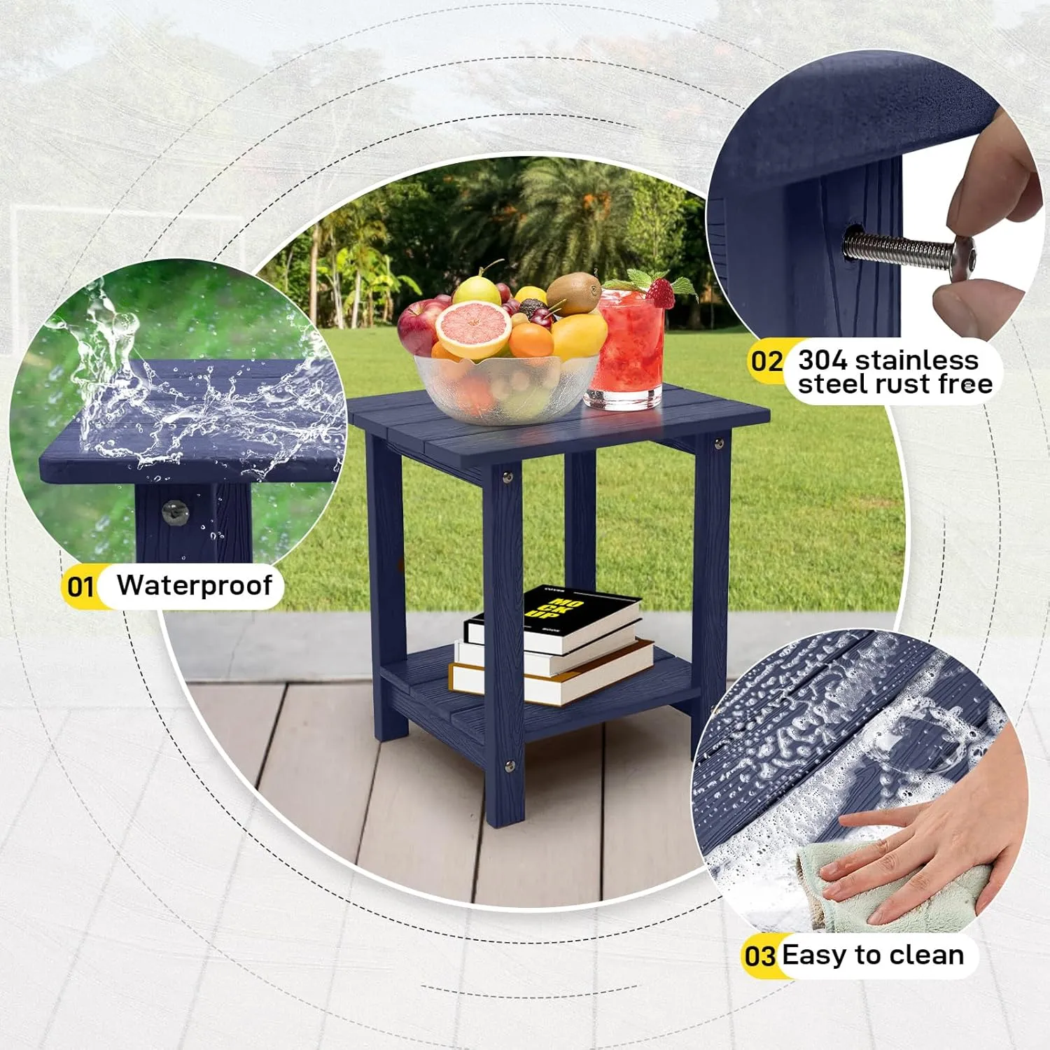 Outdoor Side Table, Weather Resistant Double Small Adirondack Side Table, Outdoor Indoor End Table for Adirondack Chair, 17" Patio Table for Pool, Deck and Porch, Deep Blue