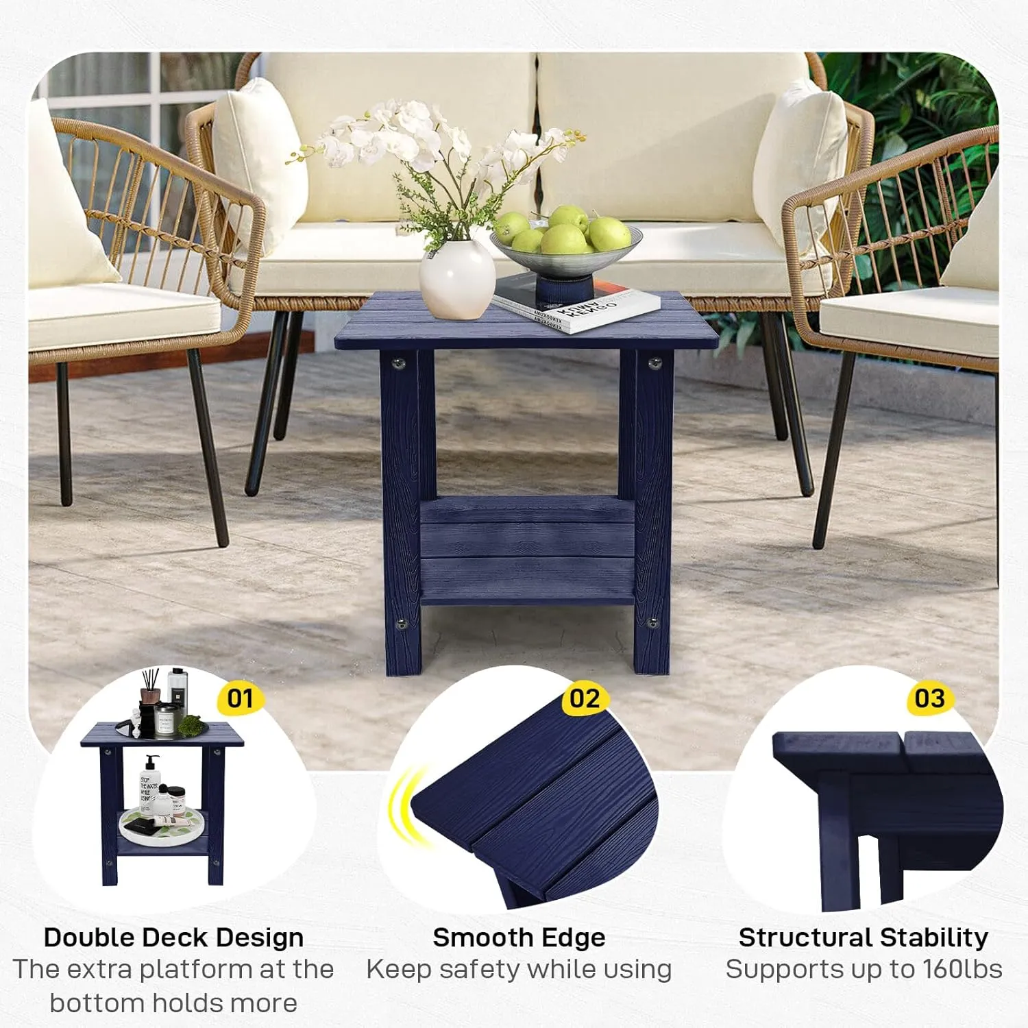 Outdoor Side Table, Weather Resistant Double Small Adirondack Side Table, Outdoor Indoor End Table for Adirondack Chair, 17" Patio Table for Pool, Deck and Porch, Deep Blue