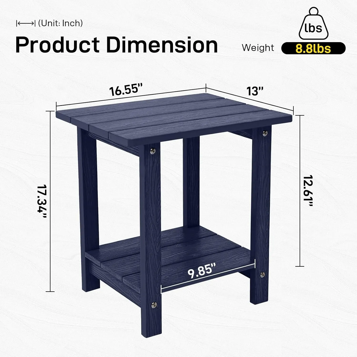 Outdoor Side Table, Weather Resistant Double Small Adirondack Side Table, Outdoor Indoor End Table for Adirondack Chair, 17" Patio Table for Pool, Deck and Porch, Deep Blue