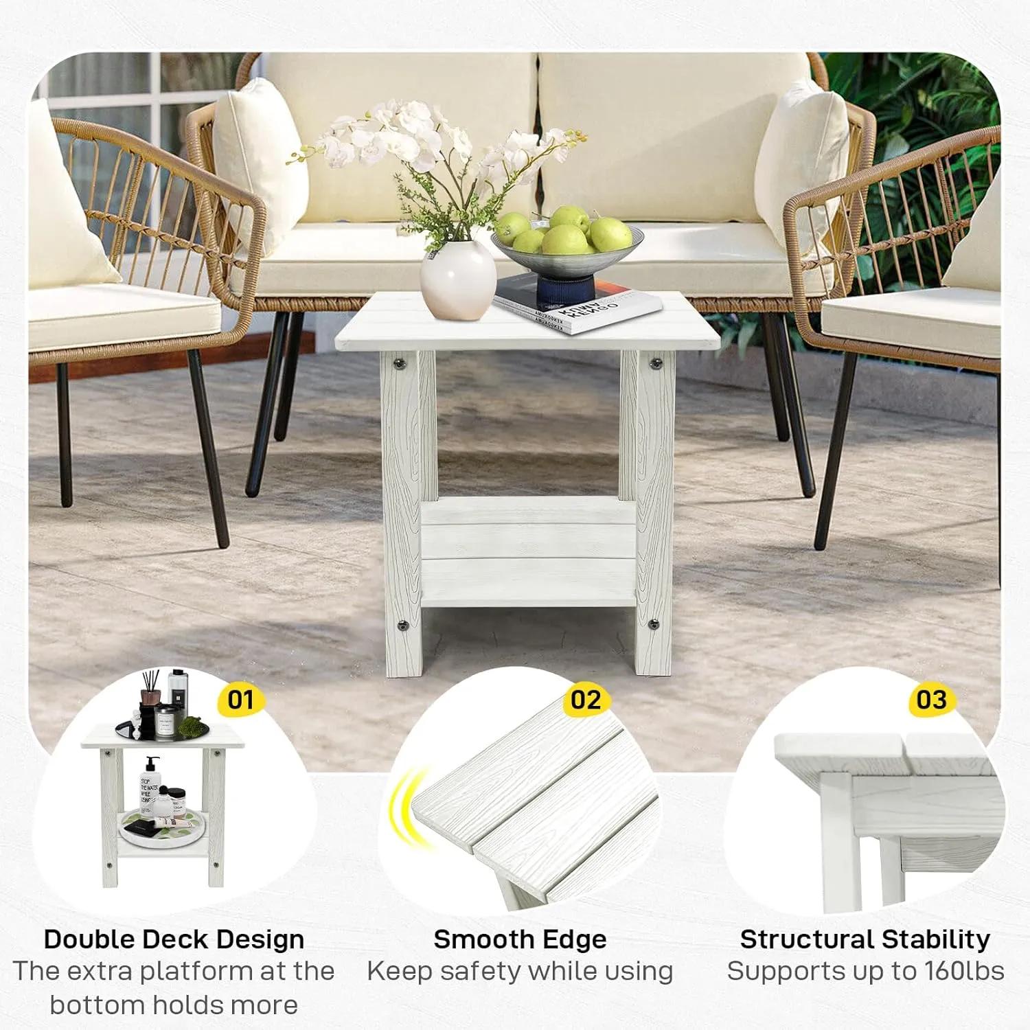 Outdoor Side Table, Weather Resistant Double Small Adirondack Side Table, Outdoor Indoor End Table for Adirondack Chair, 17" Patio Table for Pool, Deck and Porch, White
