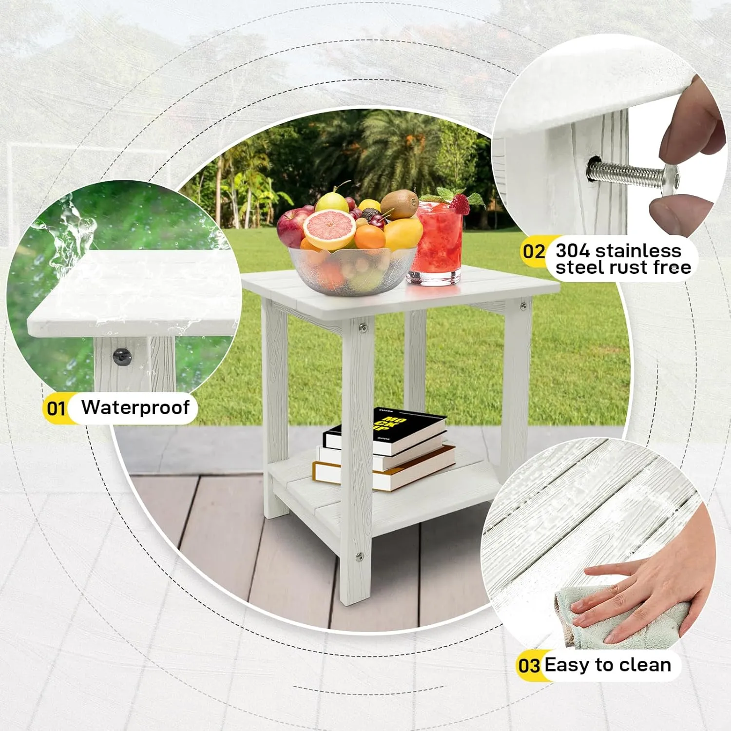 Outdoor Side Table, Weather Resistant Double Small Adirondack Side Table, Outdoor Indoor End Table for Adirondack Chair, 17" Patio Table for Pool, Deck and Porch, White