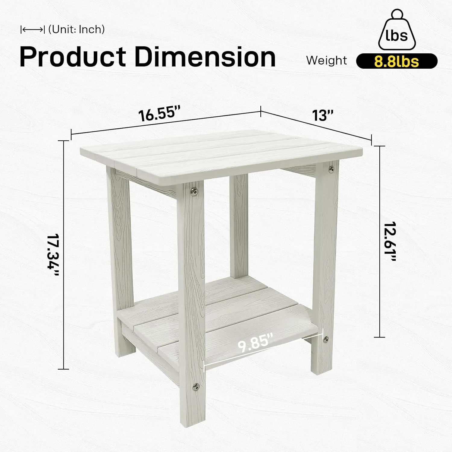 Outdoor Side Table, Weather Resistant Double Small Adirondack Side Table, Outdoor Indoor End Table for Adirondack Chair, 17" Patio Table for Pool, Deck and Porch, White