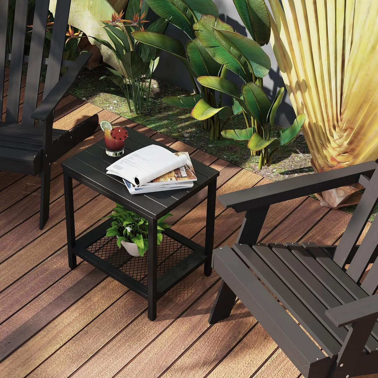 Outdoor Side Table with Storage, 2-Tier Patio End Tables Weather Resistant, Black Outdoor Accent Table,Small Side Table for Pool, Deck, Garden