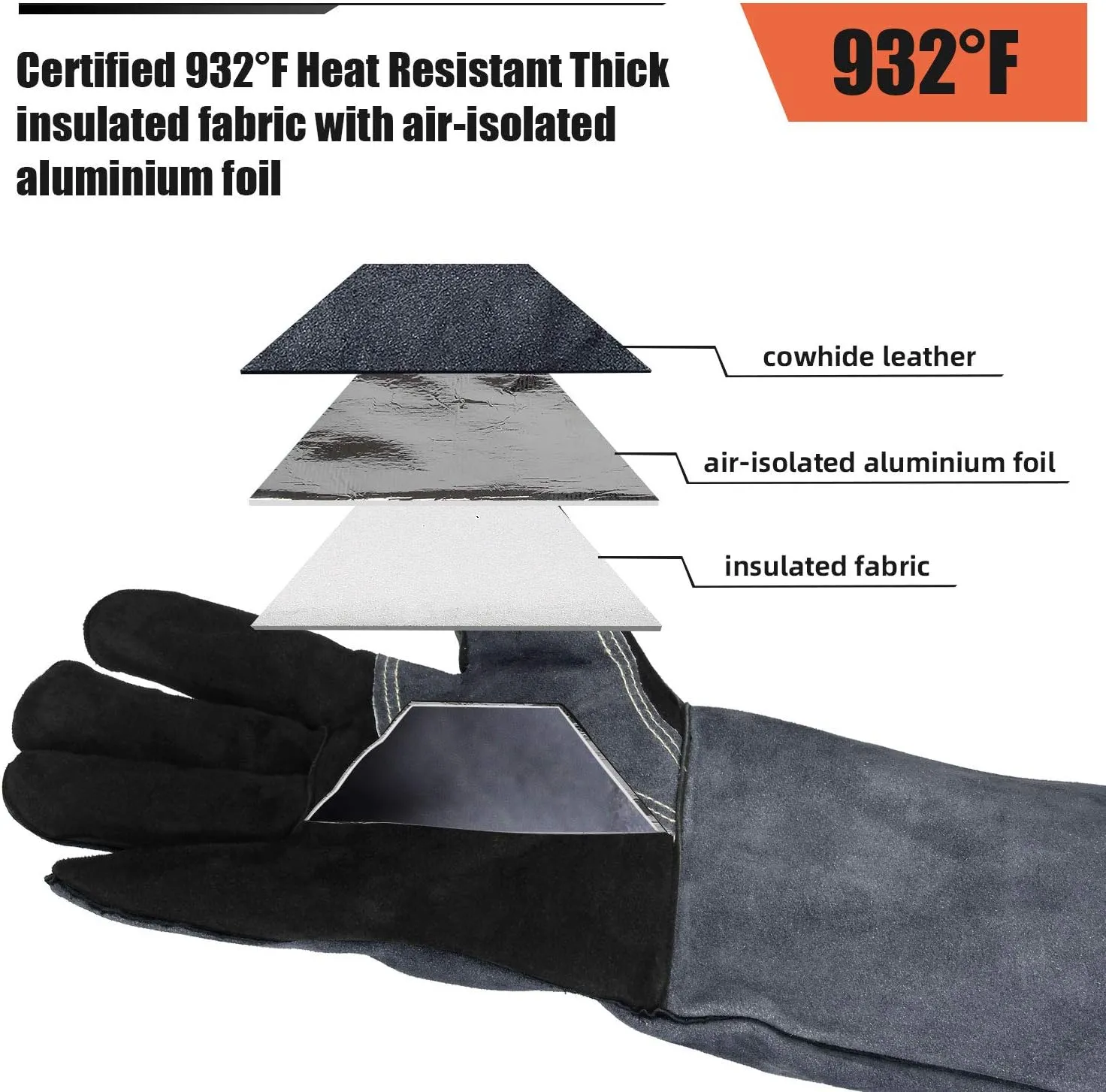 OZERO 932°F Heat Resistant Mig/Stick Welding Gloves 14 inches Cowhide Leather - Long Sleeve and Insulated Lining Barbecue Glove for Tig Welder/Grilling/Oven/Stove Black-gray
