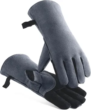 OZERO 932°F Heat Resistant Mig/Stick Welding Gloves 14 inches Cowhide Leather - Long Sleeve and Insulated Lining Barbecue Glove for Tig Welder/Grilling/Oven/Stove Black-gray
