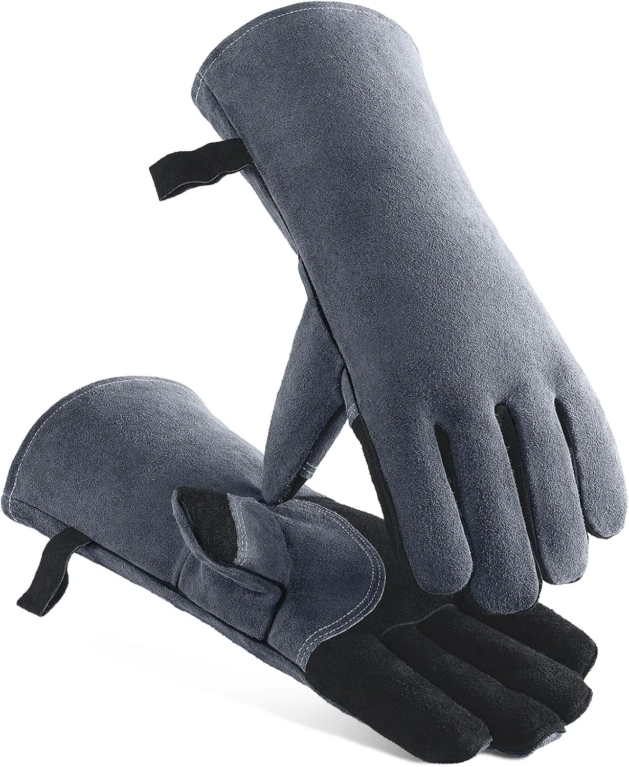 OZERO 932°F Heat Resistant Mig/Stick Welding Gloves 14 inches Cowhide Leather - Long Sleeve and Insulated Lining Barbecue Glove for Tig Welder/Grilling/Oven/Stove Black-gray