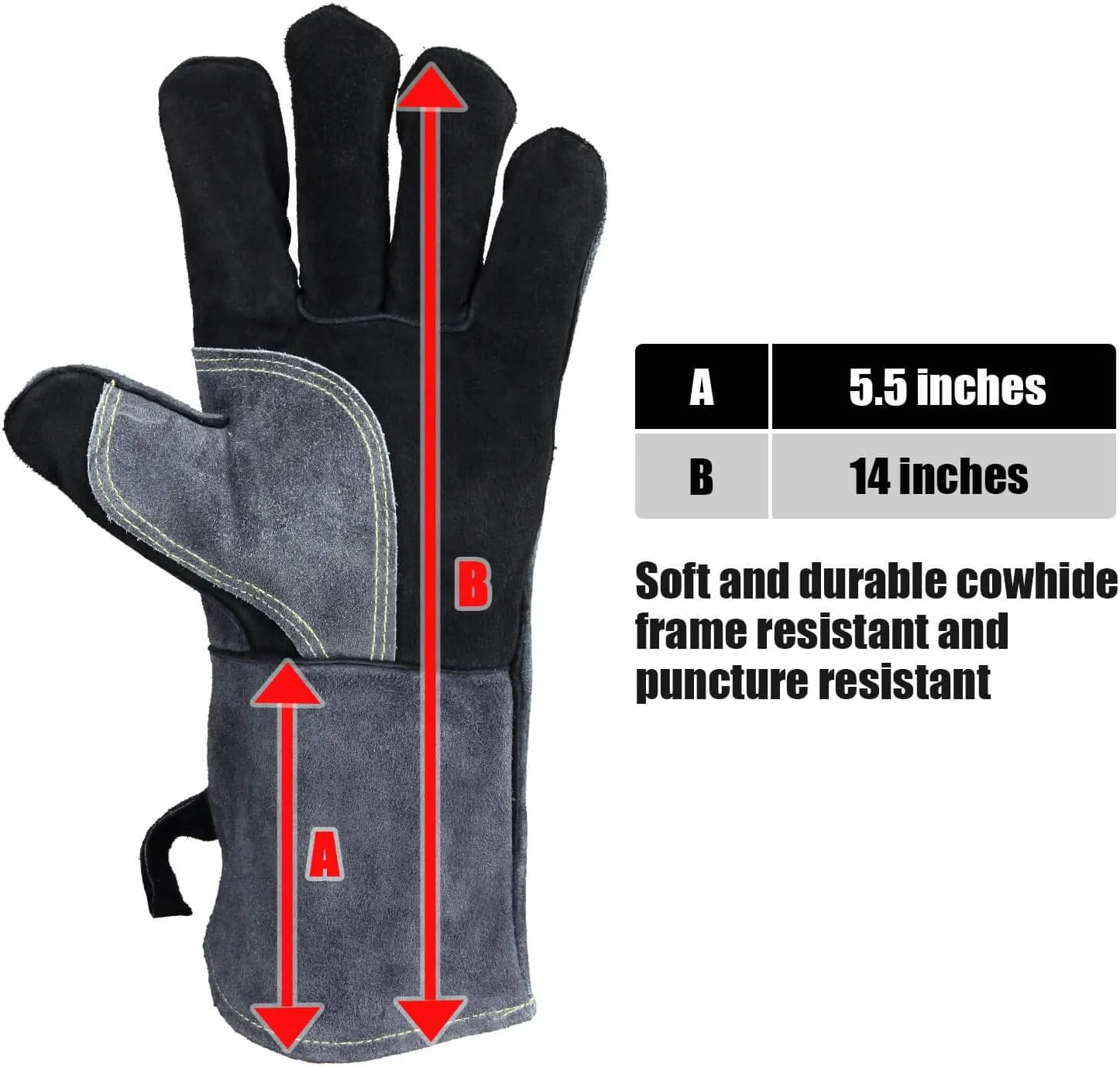OZERO 932°F Heat Resistant Mig/Stick Welding Gloves 14 inches Cowhide Leather - Long Sleeve and Insulated Lining Barbecue Glove for Tig Welder/Grilling/Oven/Stove Black-gray